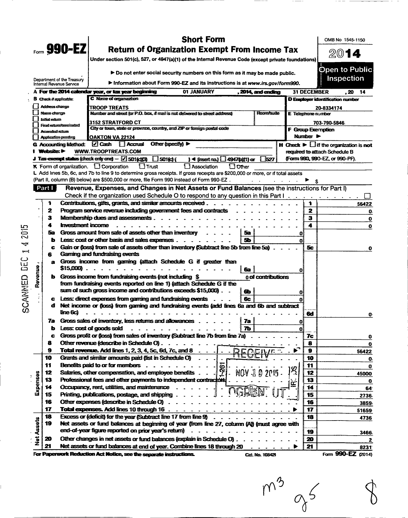 Image of first page of 2014 Form 990EZ for Troop Treats