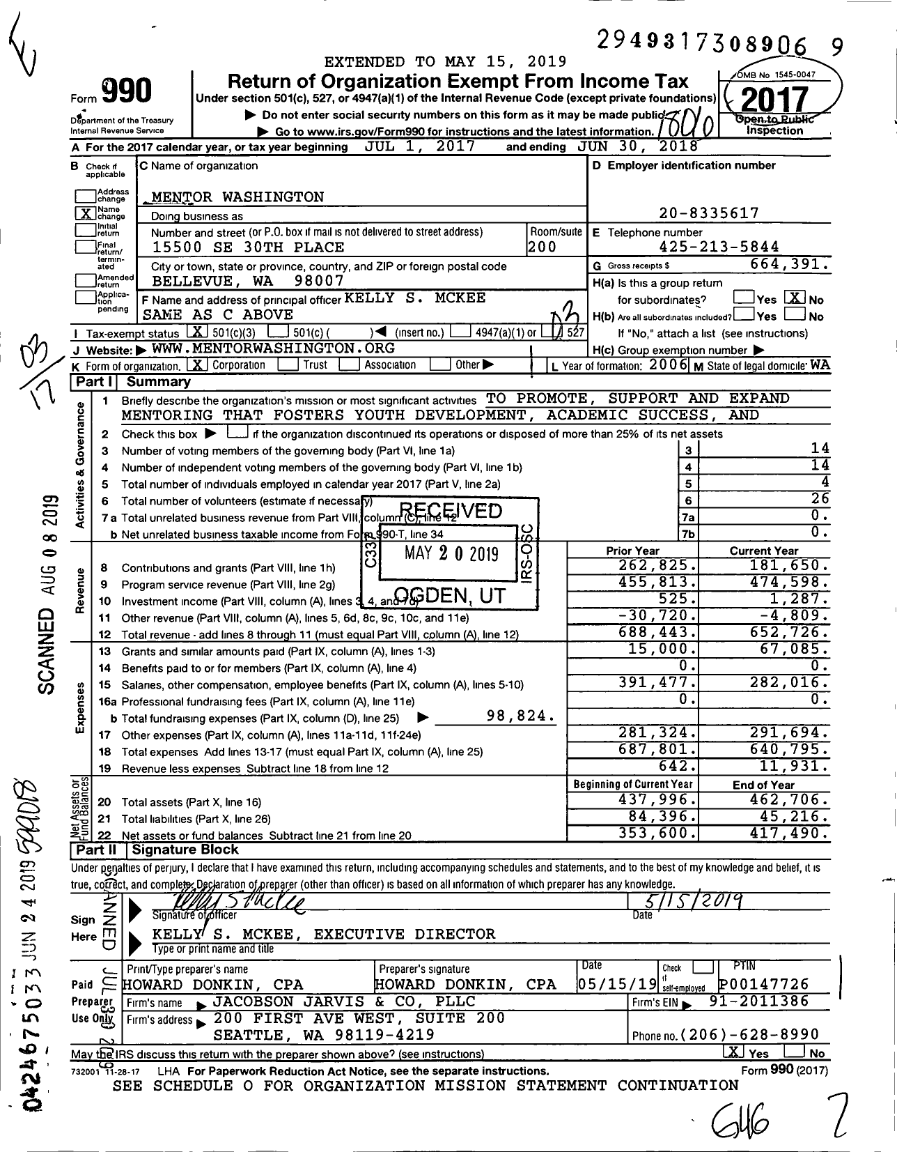 Image of first page of 2017 Form 990 for Mentor Washington