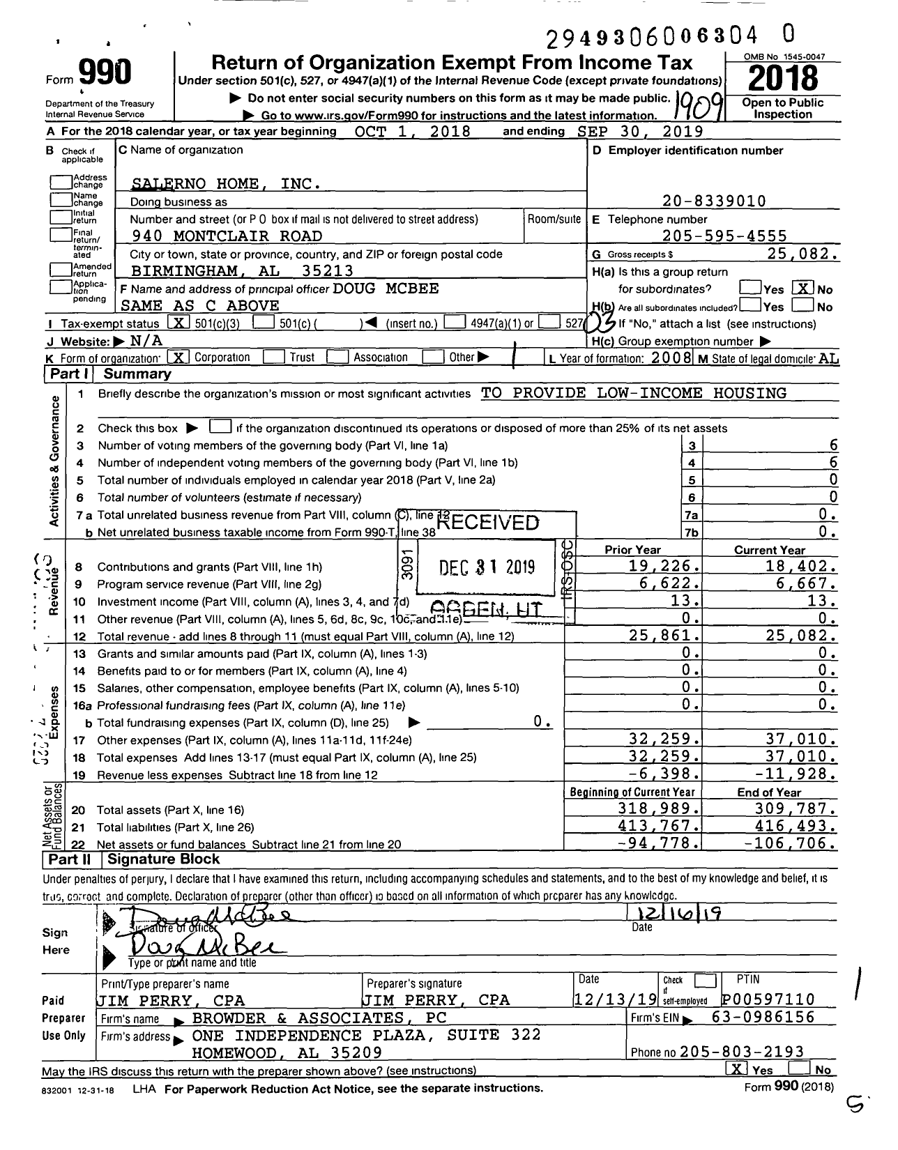 Image of first page of 2018 Form 990 for Salerno Home