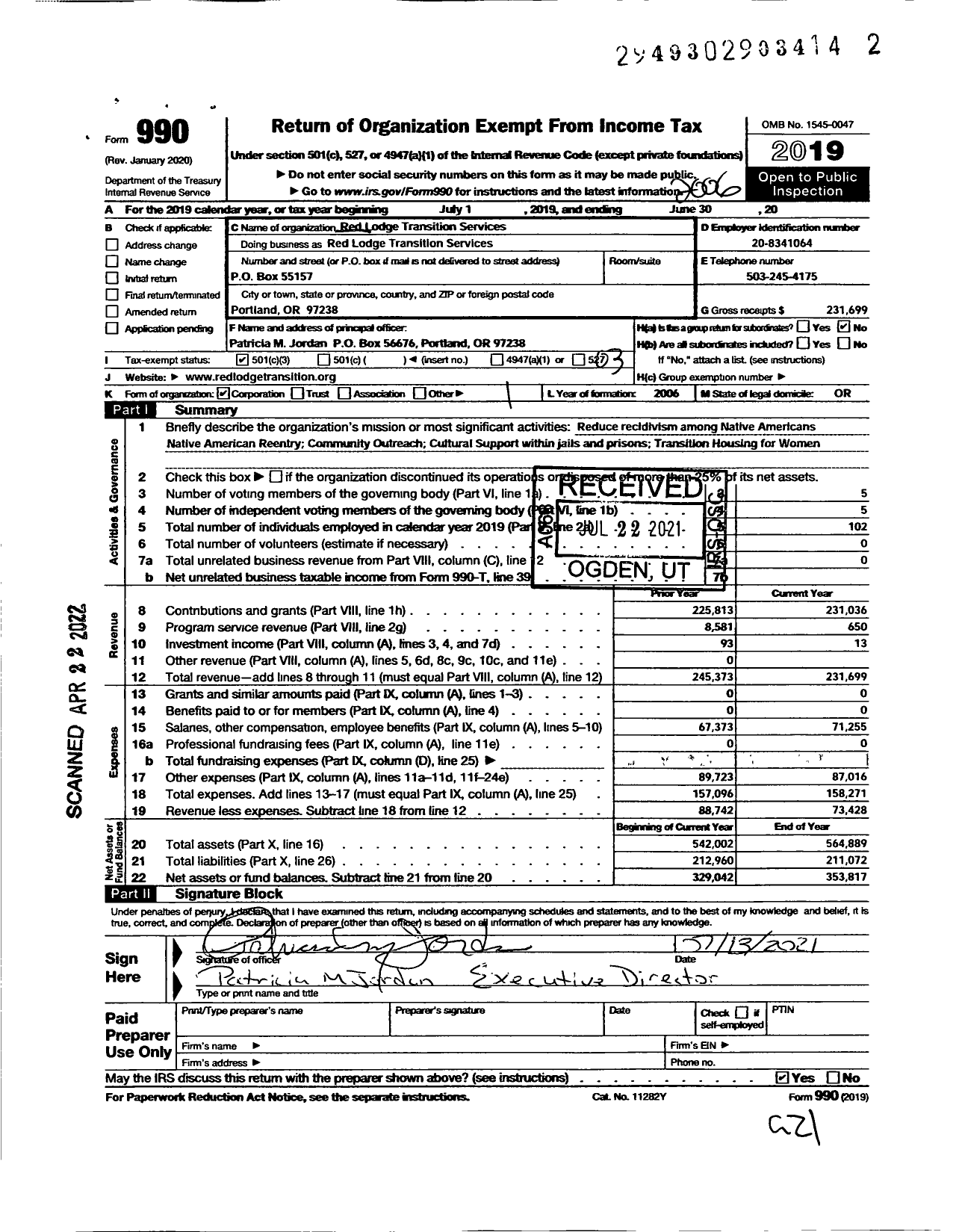 Image of first page of 2019 Form 990 for Red Lodge Transition Services