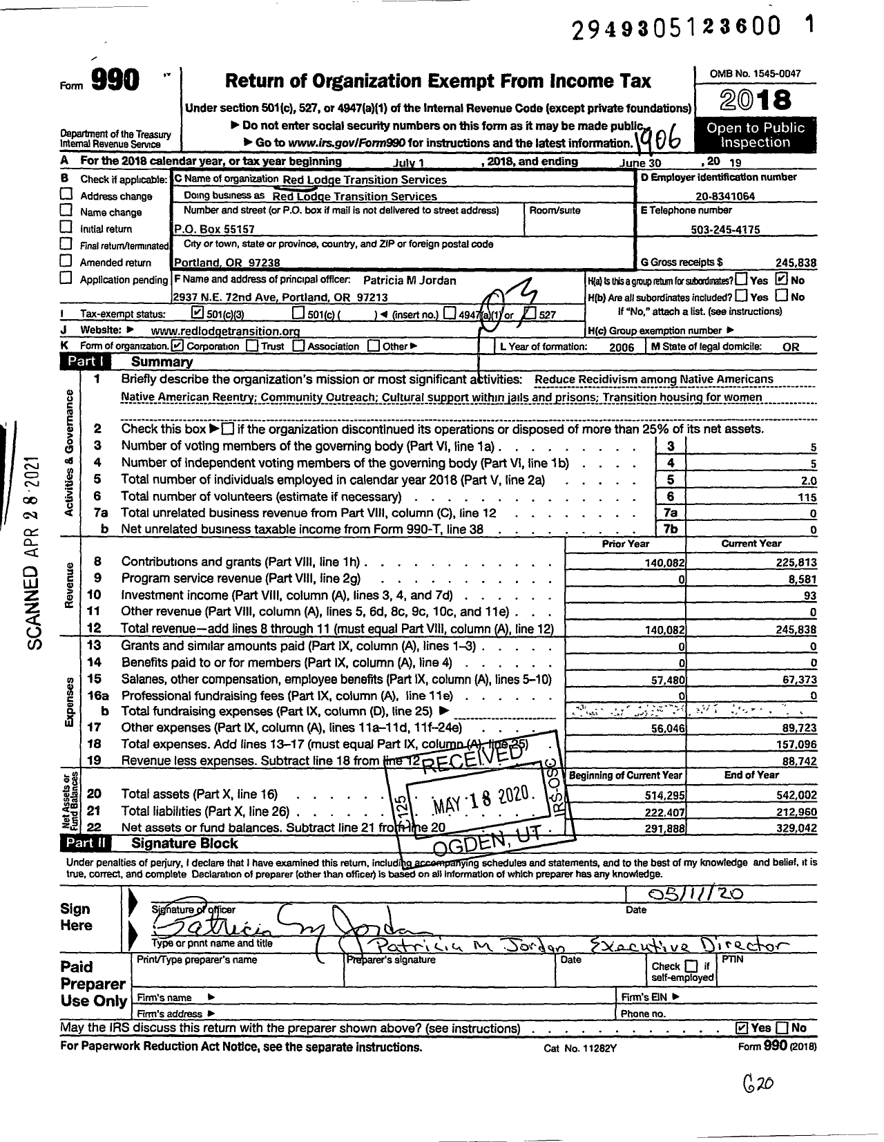 Image of first page of 2018 Form 990 for Red Lodge Transition Services