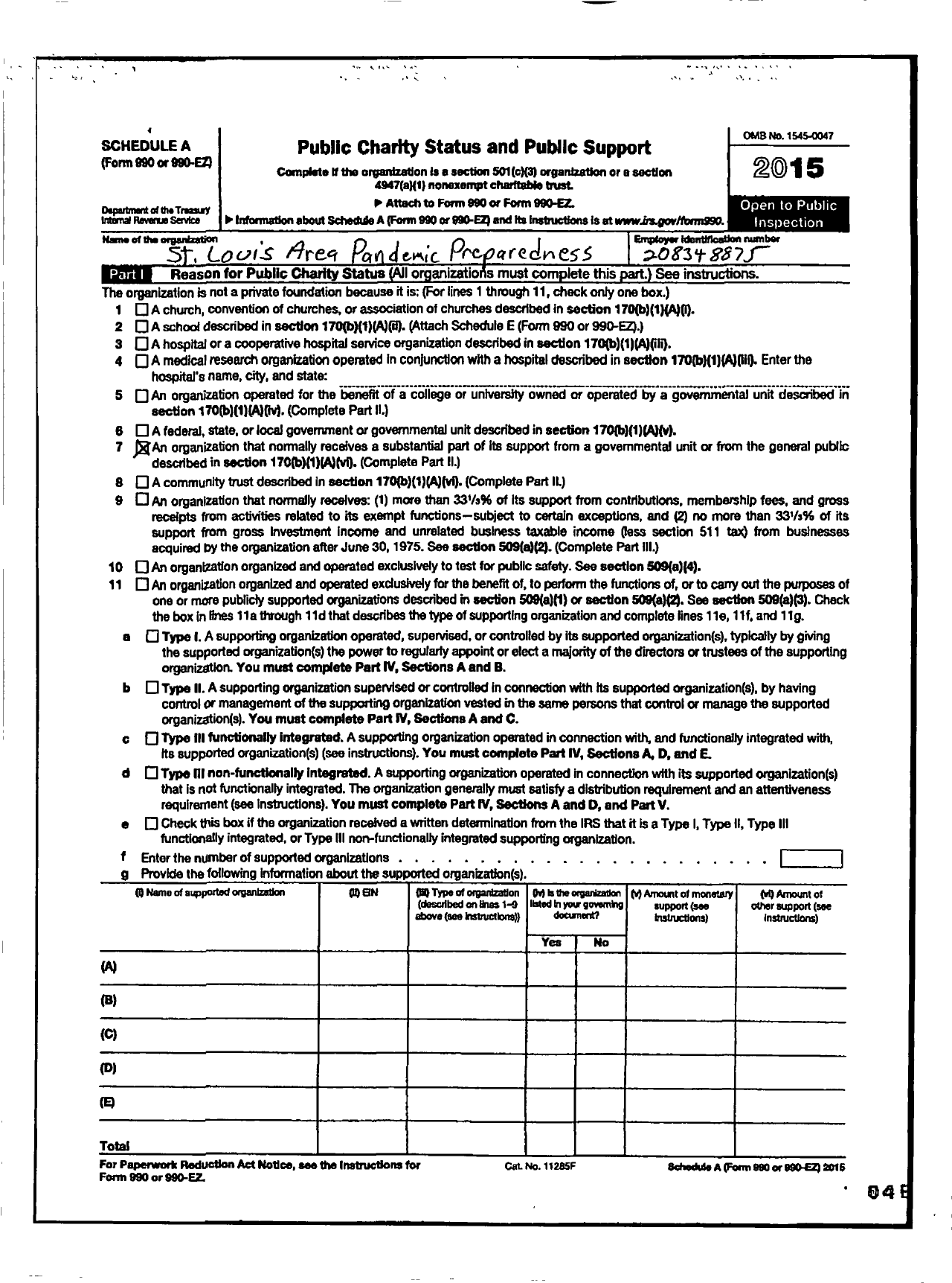 Image of first page of 2015 Form 990ER for St Louis Pandemic Preparedness