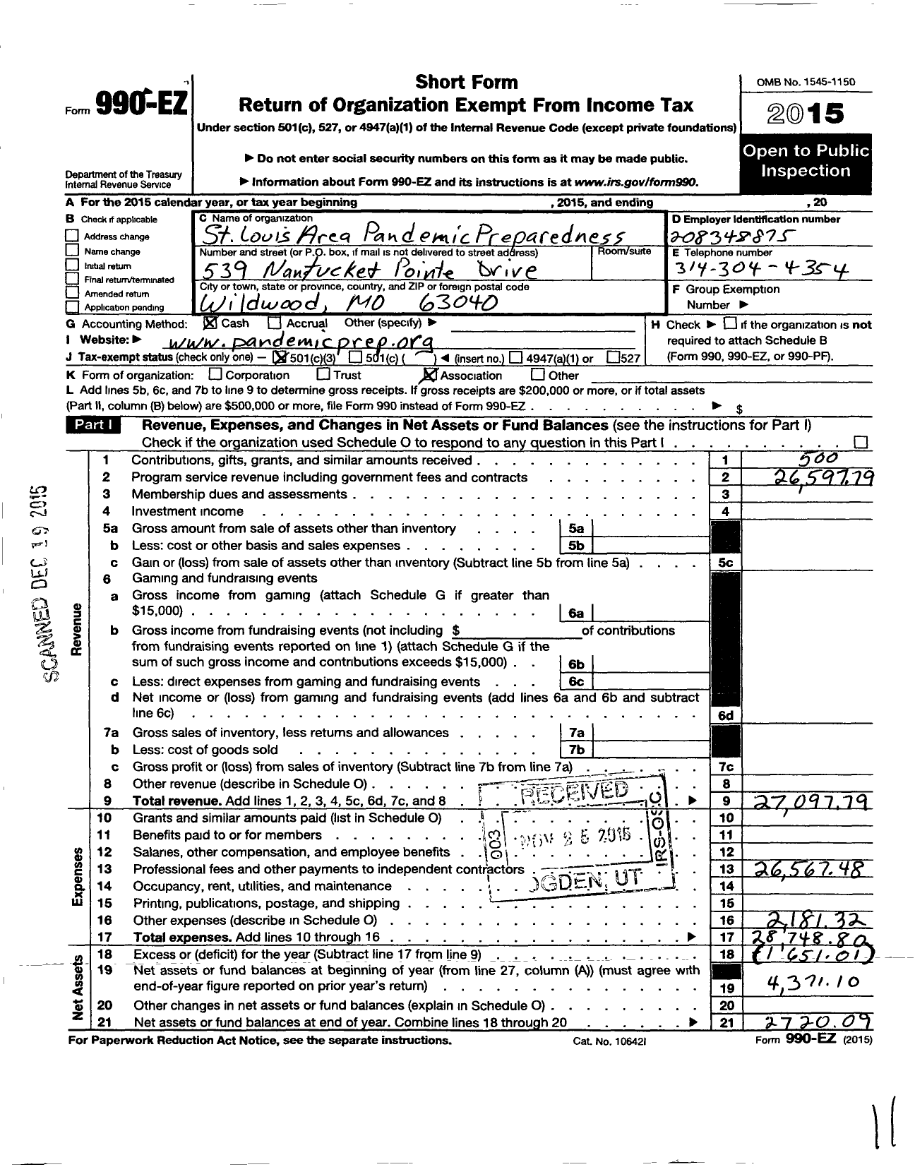 Image of first page of 2015 Form 990EZ for St Louis Pandemic Preparedness