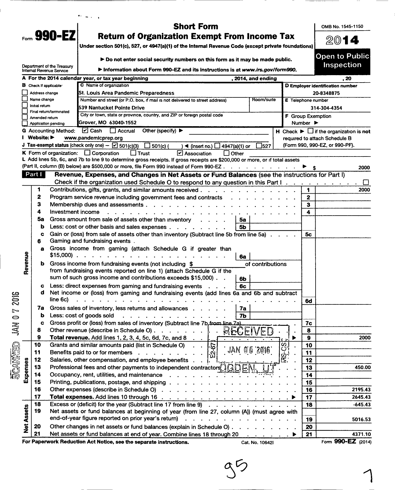 Image of first page of 2014 Form 990EZ for St Louis Pandemic Preparedness