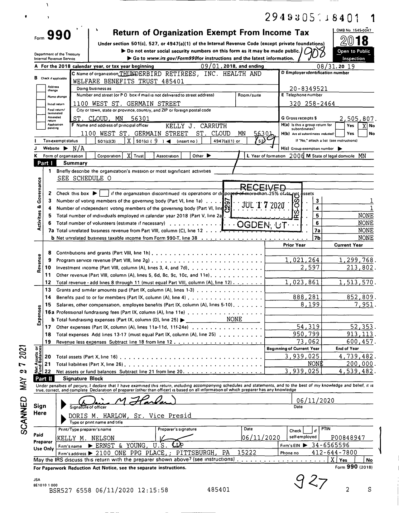 Image of first page of 2018 Form 990O for Thunderbird Retirees Health and