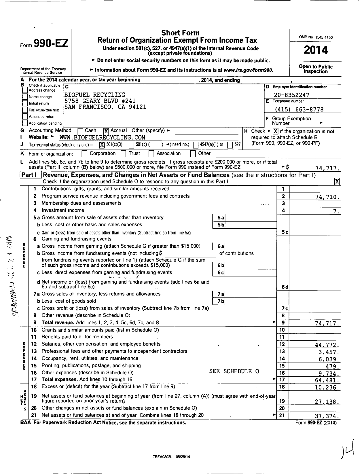 Image of first page of 2014 Form 990EZ for Biofuel Recycling