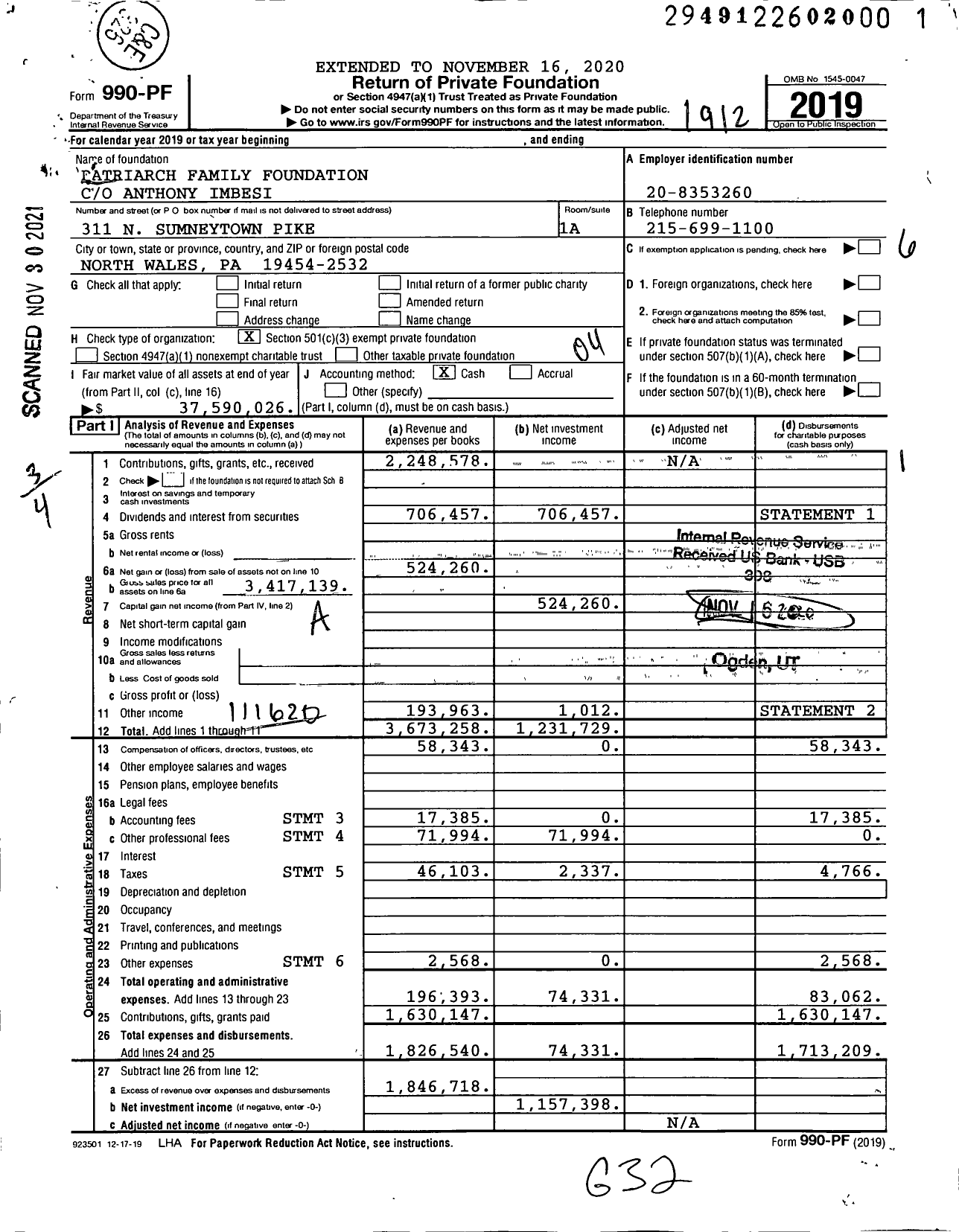 Image of first page of 2019 Form 990PF for Patriarch Family Foundation
