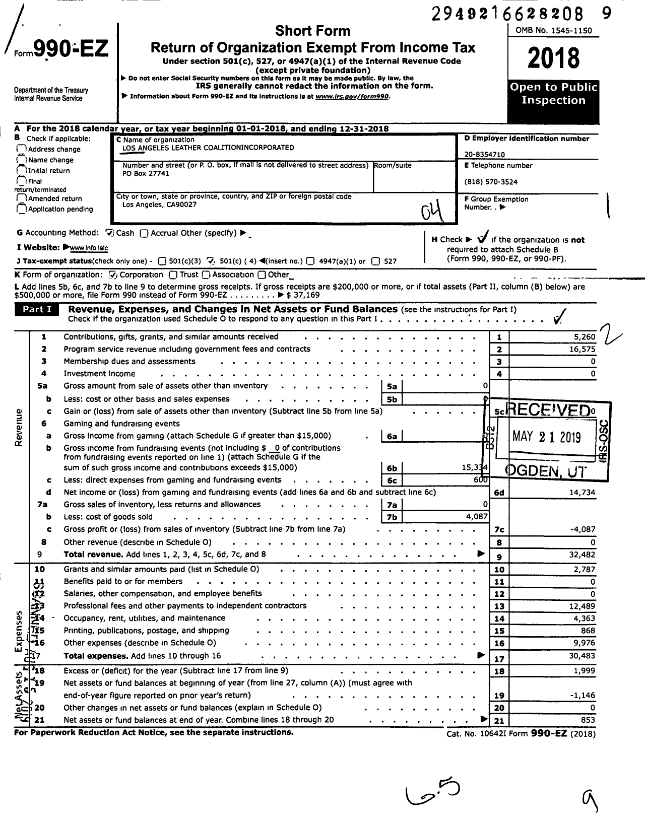 Image of first page of 2018 Form 990EO for Los Angeles Leather Coalition Incorporated