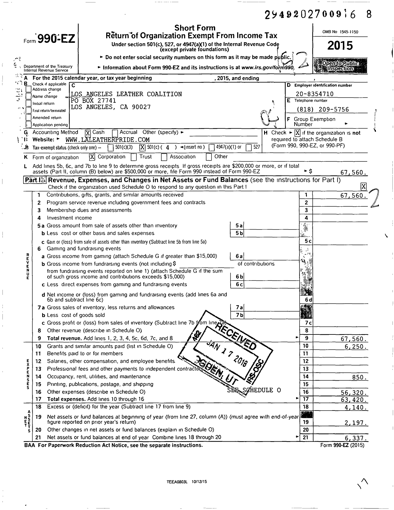 Image of first page of 2015 Form 990EO for Los Angeles Leather Coalition Incorporated