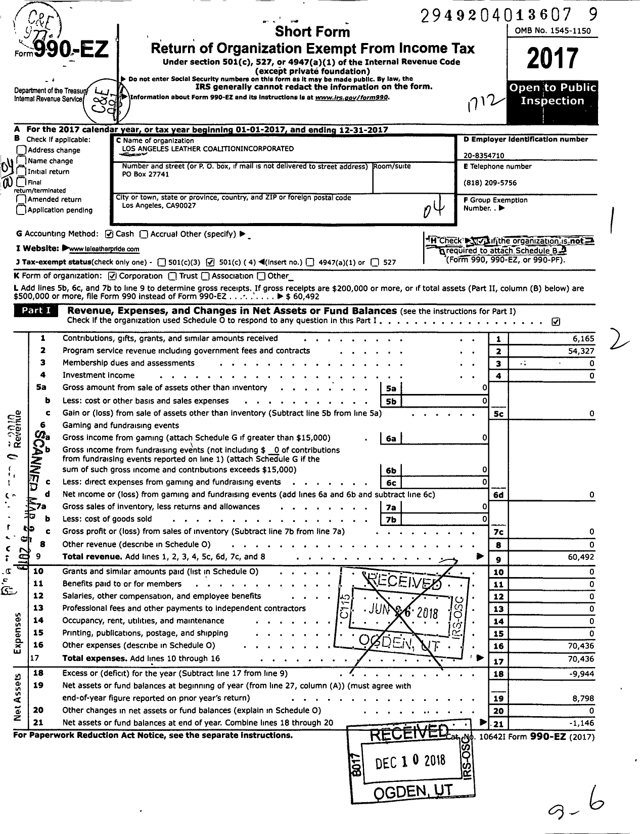 Image of first page of 2017 Form 990EO for Los Angeles Leather Coalition Incorporated