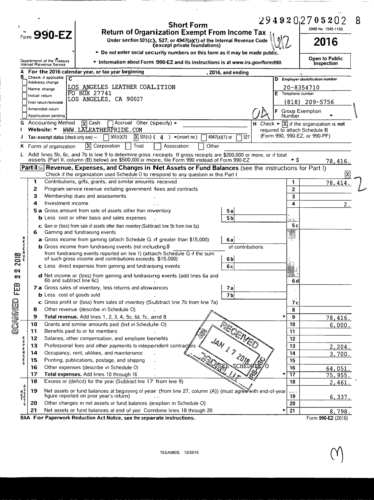 Image of first page of 2016 Form 990EO for Los Angeles Leather Coalition Incorporated