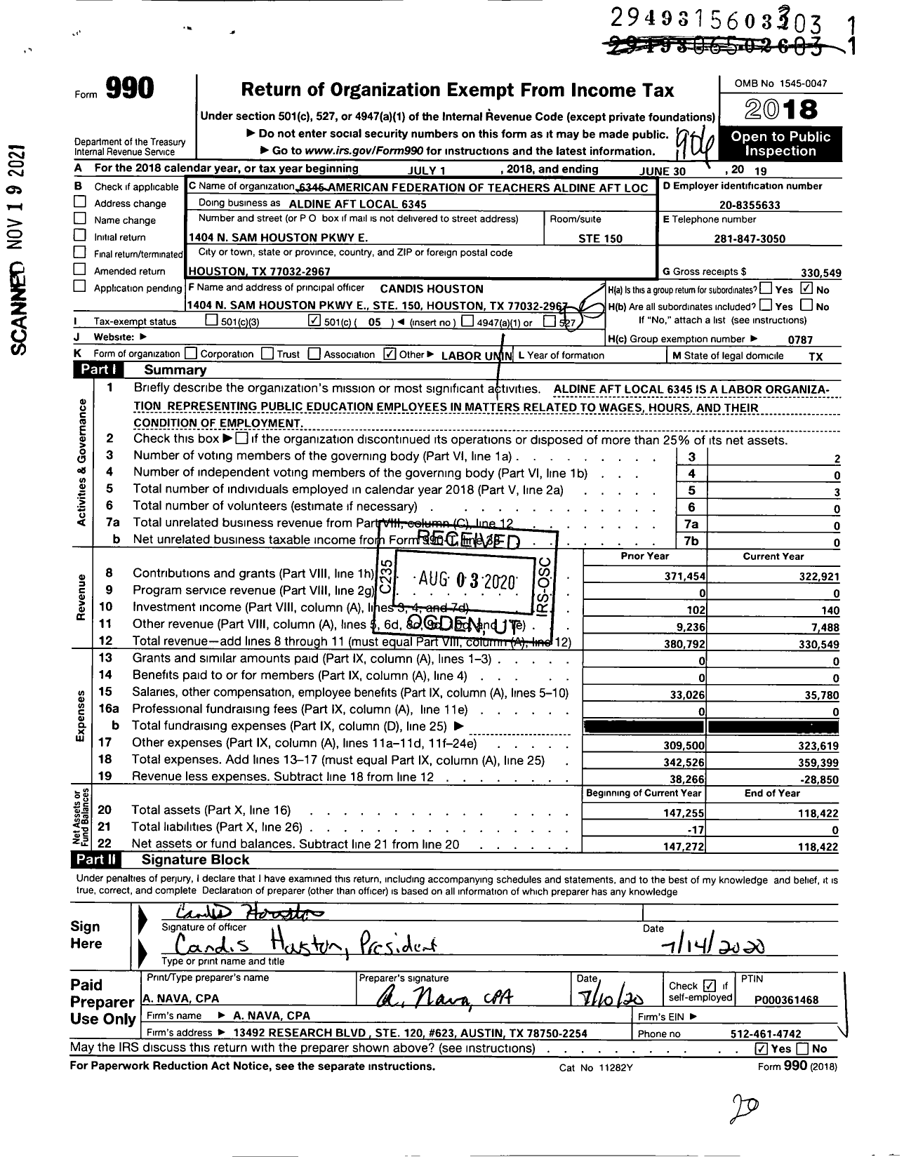 Image of first page of 2018 Form 990O for American Federation of Teachers - 6345 American Federation of Teachers Aldine Aft Local Aldine Aft Local 634