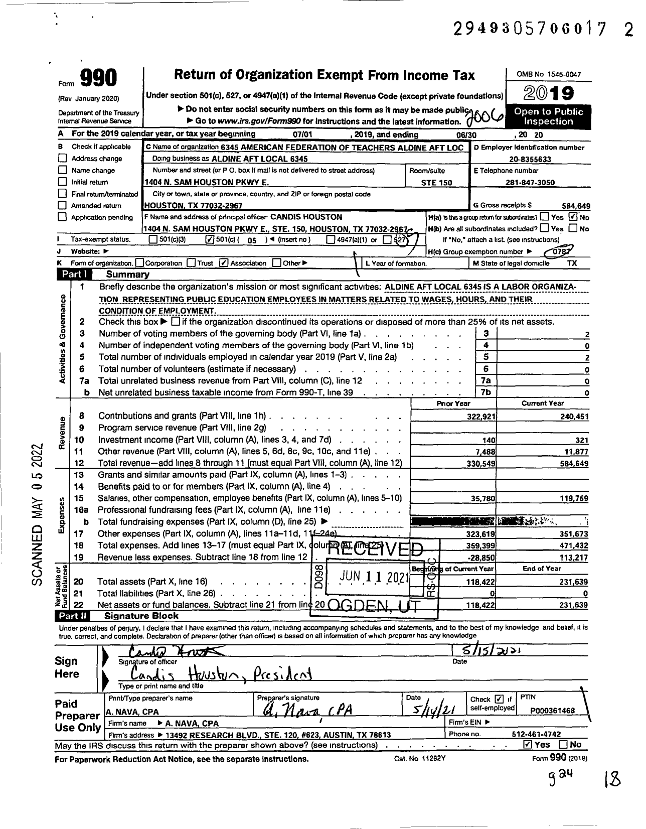 Image of first page of 2019 Form 990O for American Federation of Teachers - 6345 American Federation of Teachers Aldine Aft Local Aldine Aft Local 634