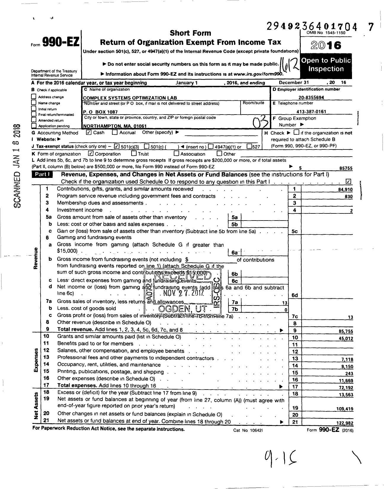 Image of first page of 2016 Form 990EZ for Complex Systems Optimization Laboratory