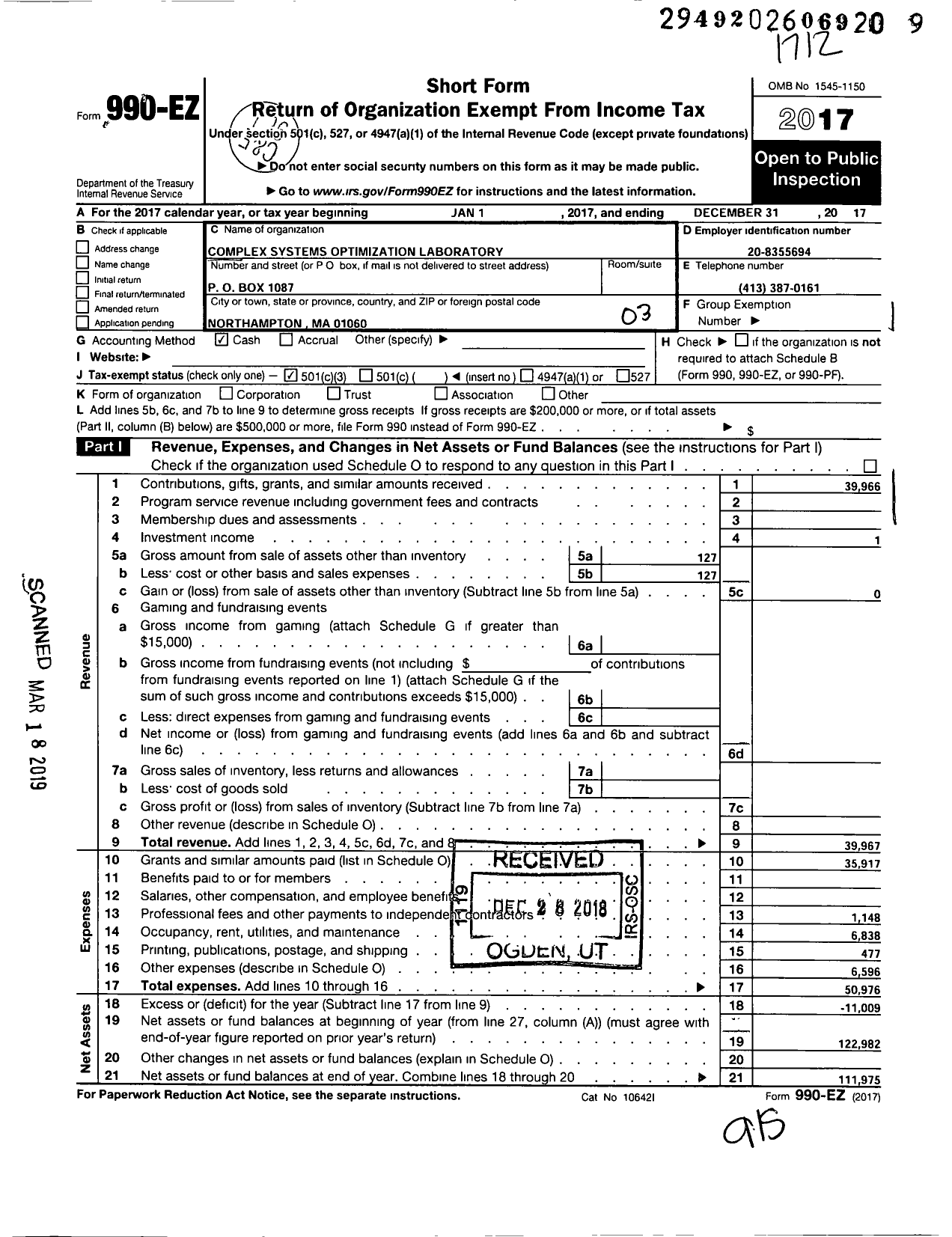 Image of first page of 2017 Form 990EZ for Complex Systems Optimization Laboratory