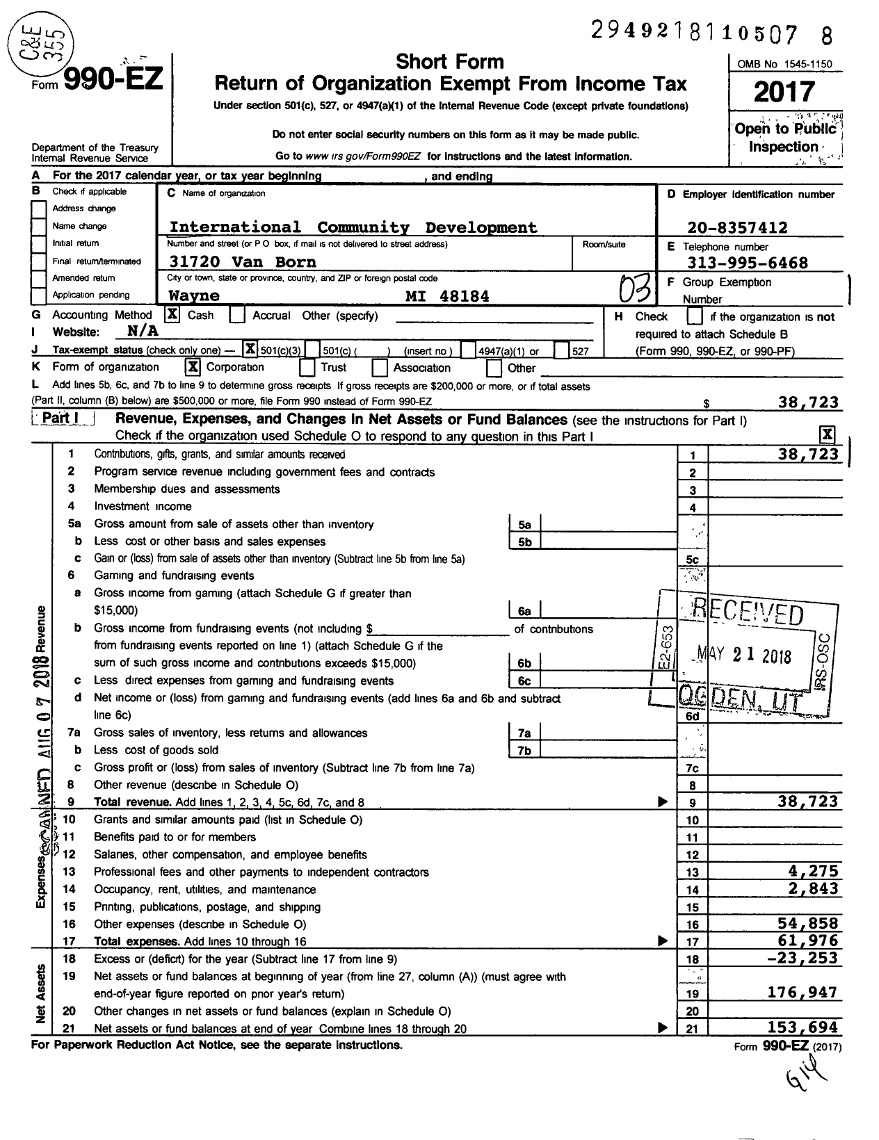 Image of first page of 2017 Form 990EZ for International Community Development Group