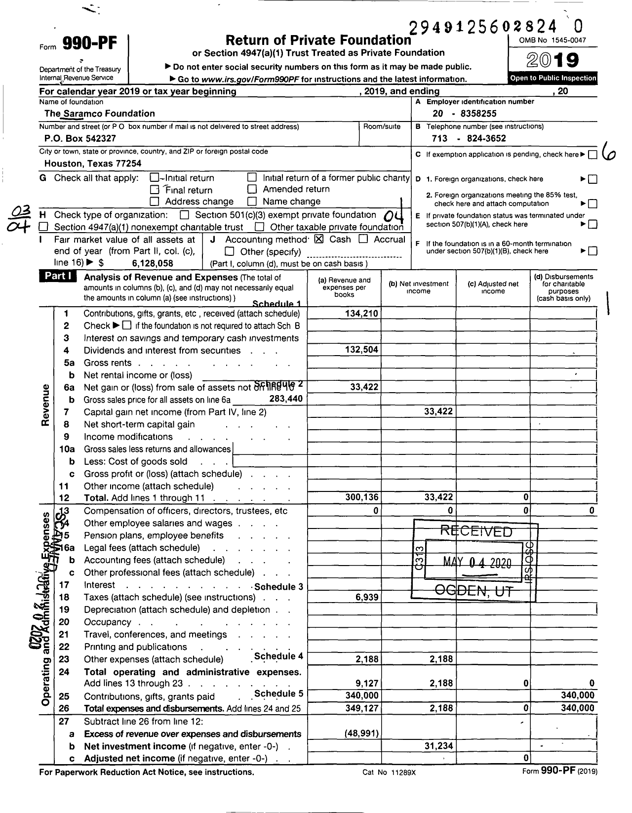 Image of first page of 2019 Form 990PR for Saramco Foundation