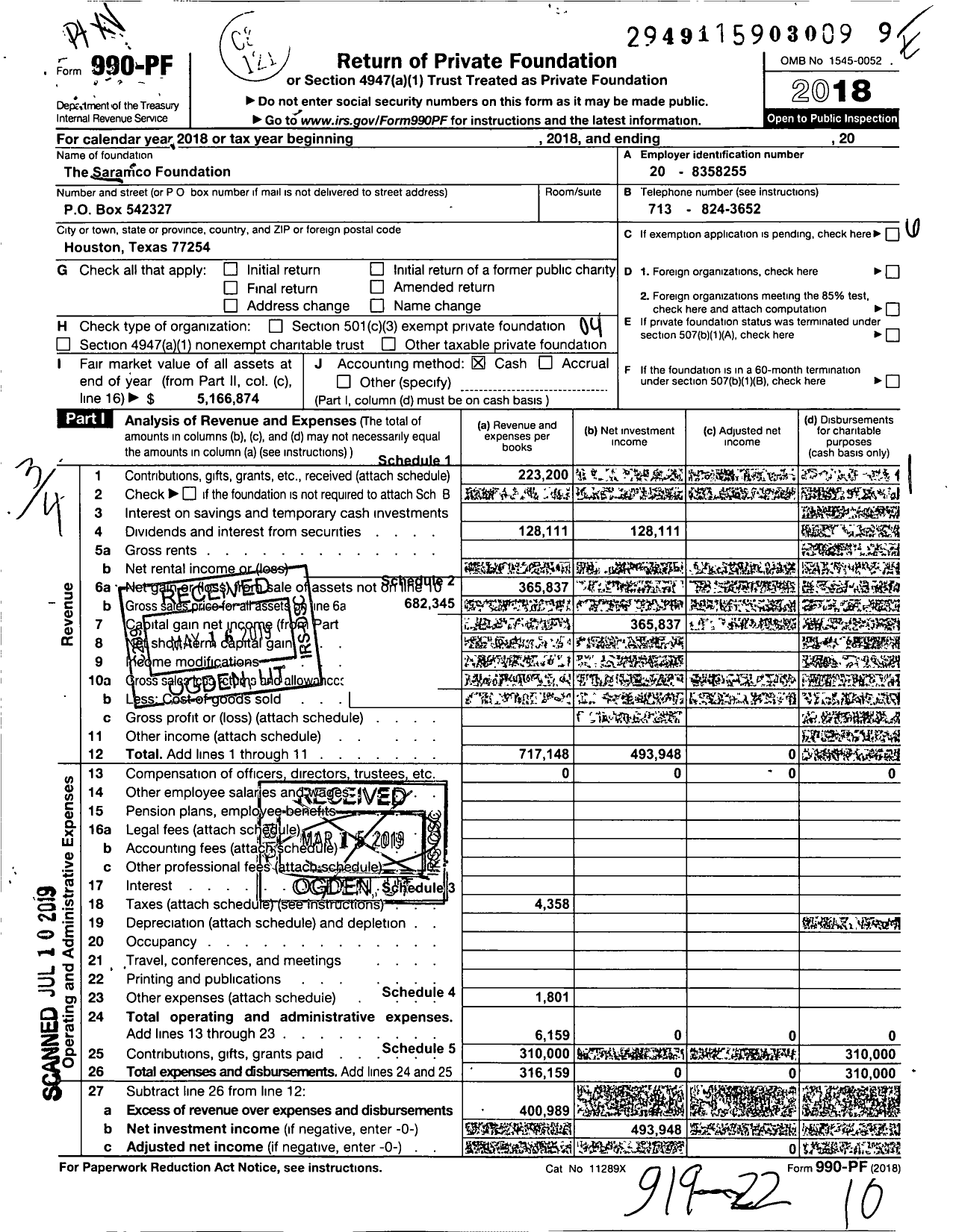 Image of first page of 2018 Form 990PF for Saramco Foundation