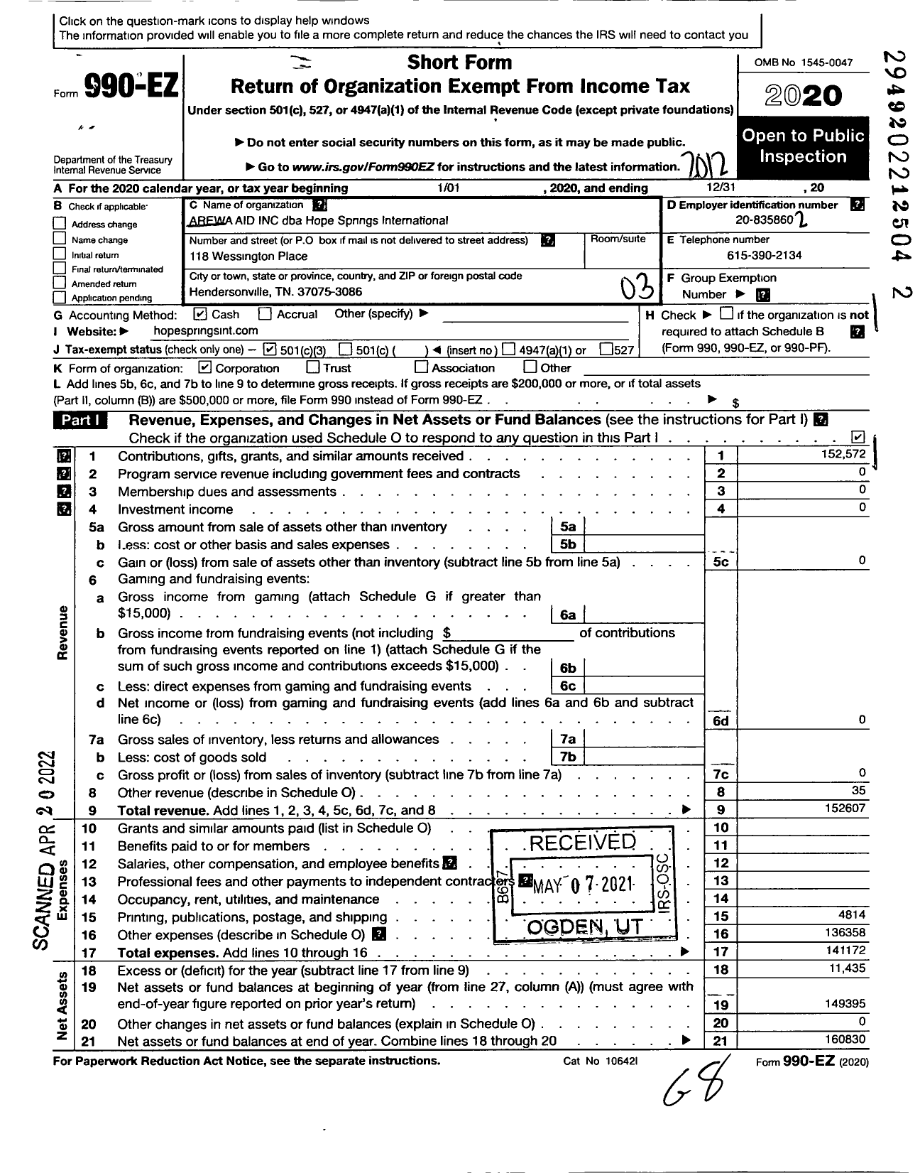 Image of first page of 2020 Form 990EZ for Hope Springs International