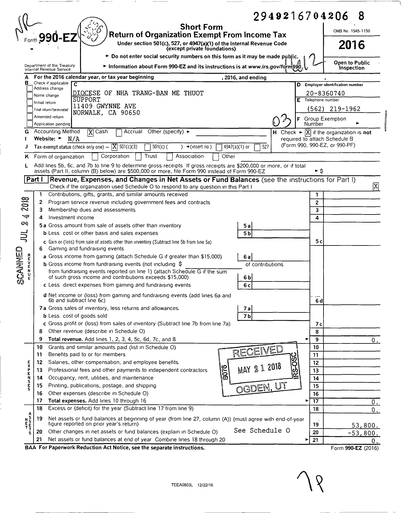 Image of first page of 2016 Form 990EZ for Diocese of Nha Trang-Ban Me Thuot Support