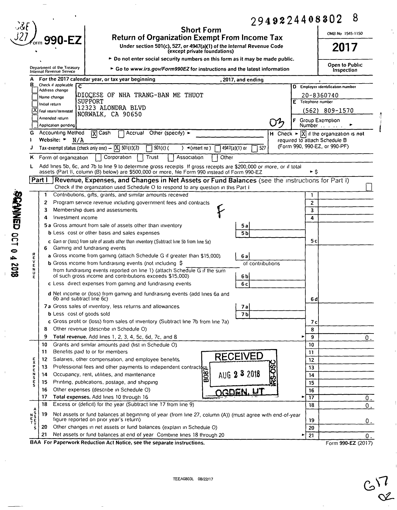 Image of first page of 2017 Form 990EZ for Diocese of Nha Trang-Ban Me Thuot Support