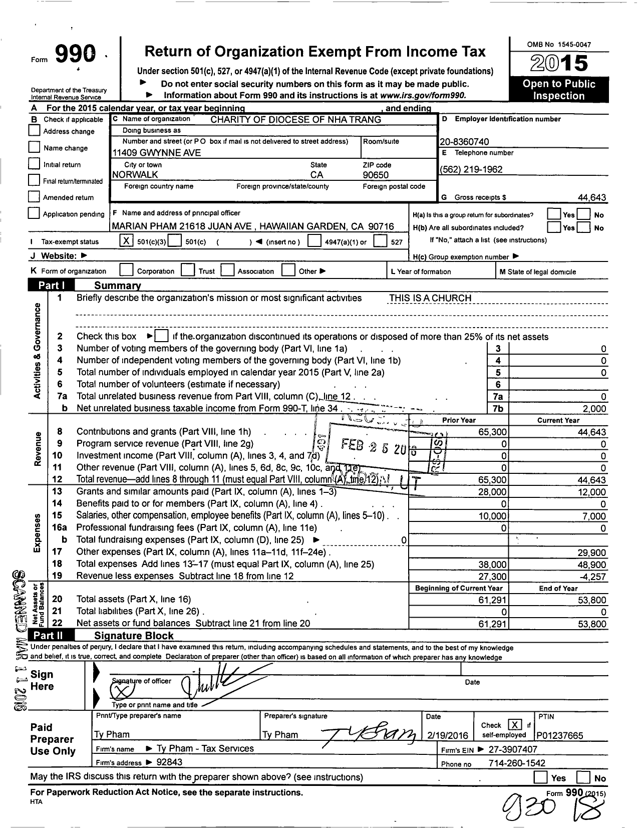 Image of first page of 2015 Form 990 for Diocese of Nha Trang-Ban Me Thuot Support