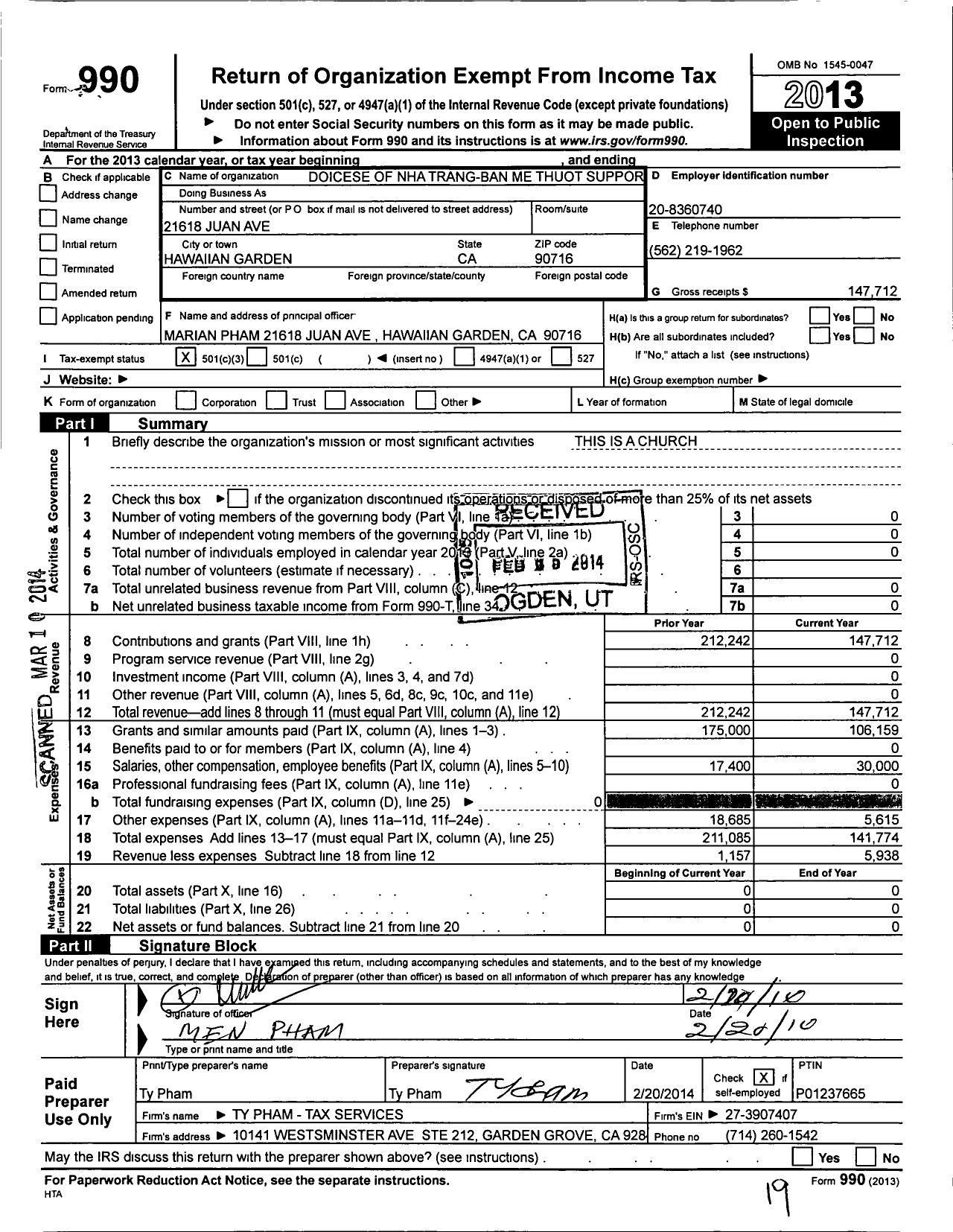 Image of first page of 2013 Form 990 for Diocese of Nha Trang-Ban Me Thuot Support