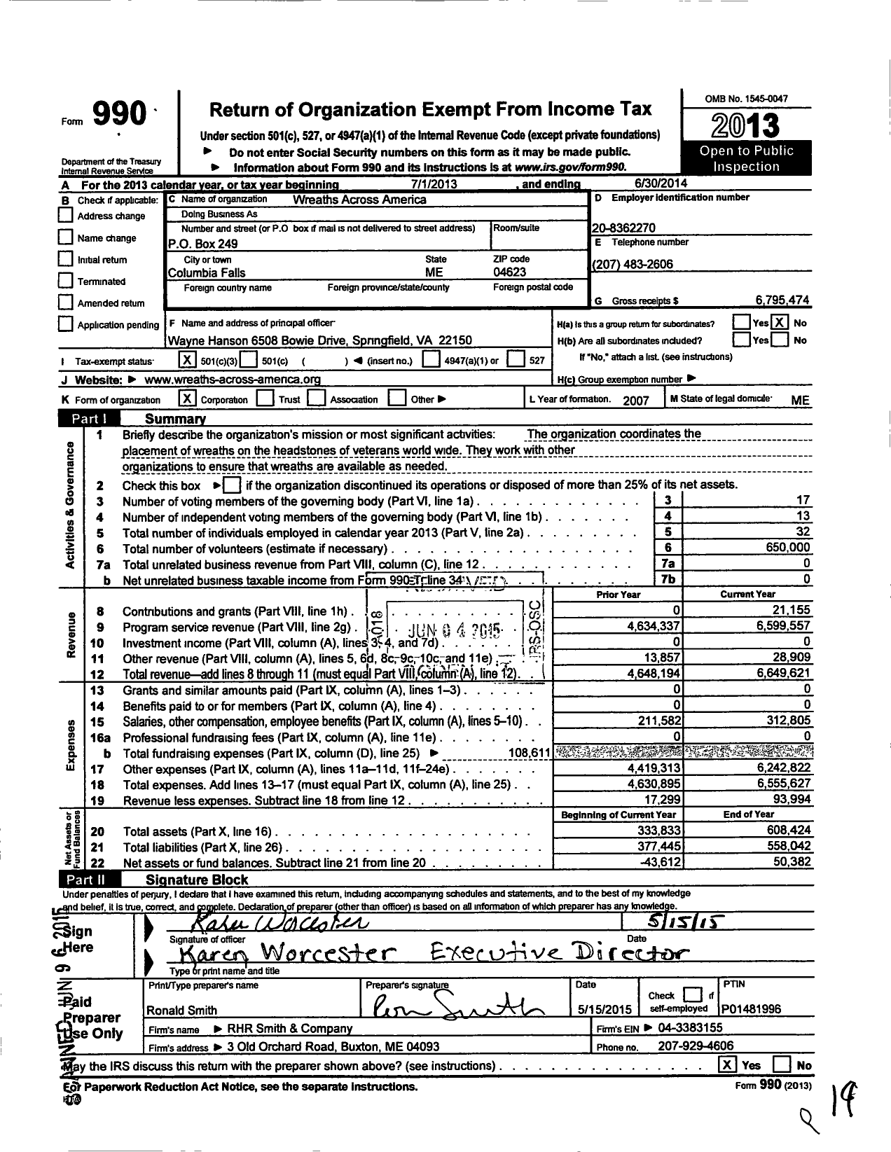 Image of first page of 2013 Form 990 for Wreaths Across America