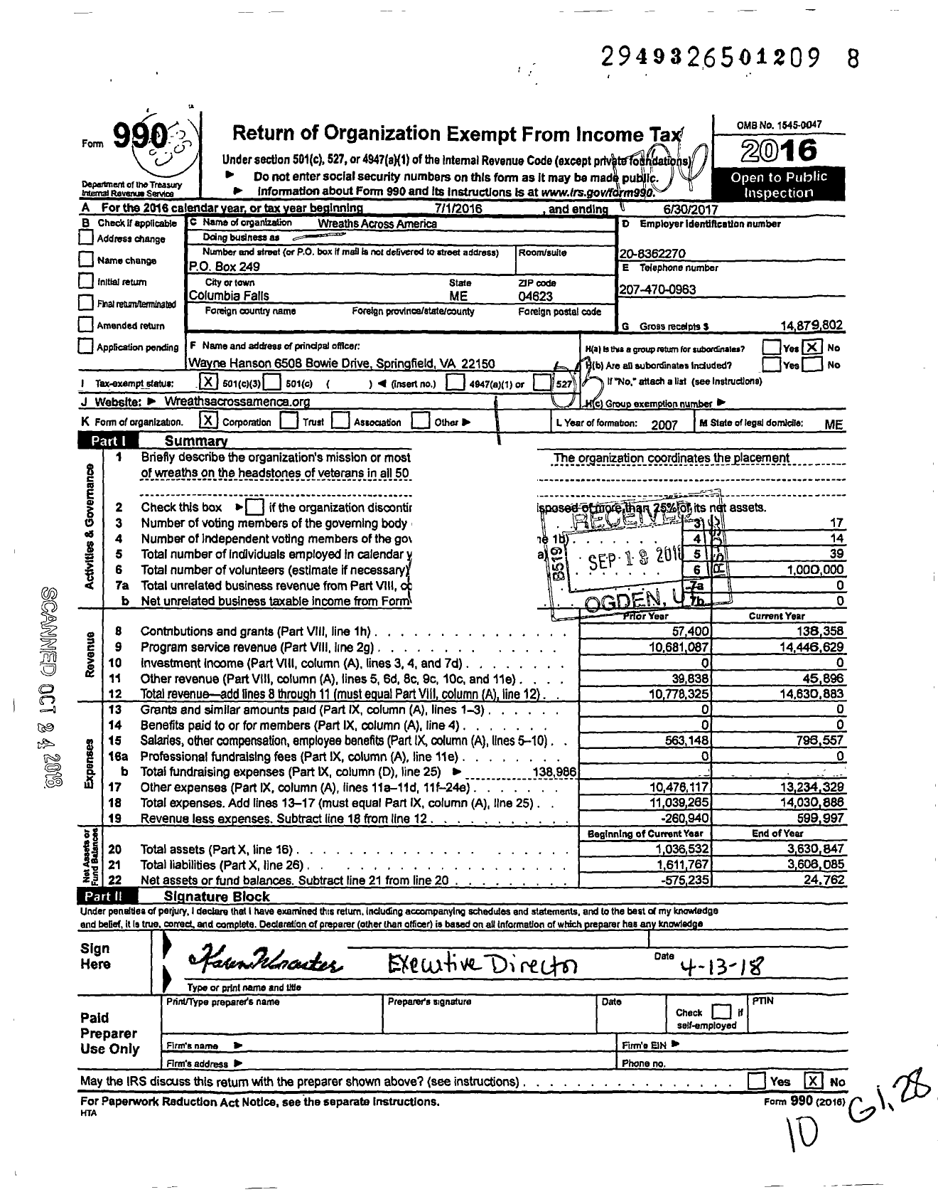 Image of first page of 2016 Form 990 for Wreaths Across America
