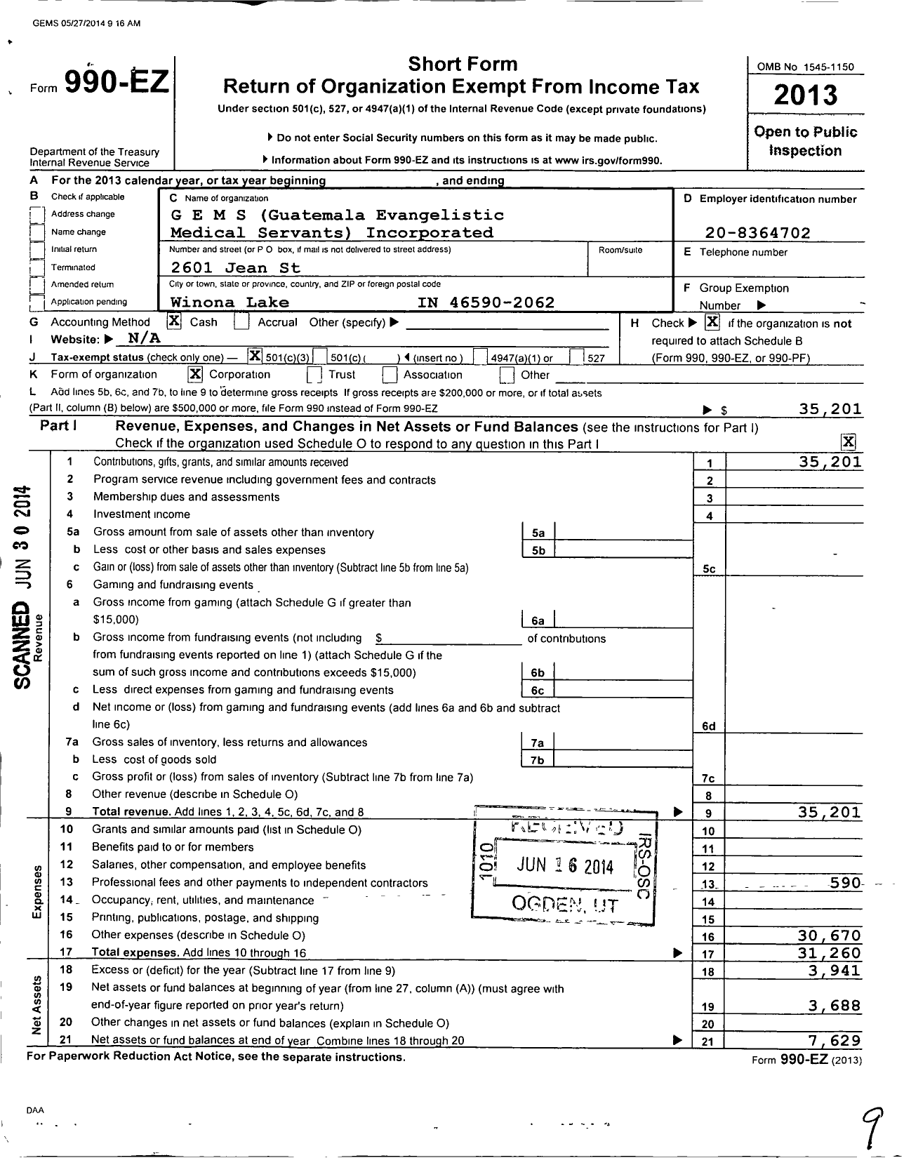 Image of first page of 2013 Form 990EZ for Gems Guatemala Evangelistic Medical Servants