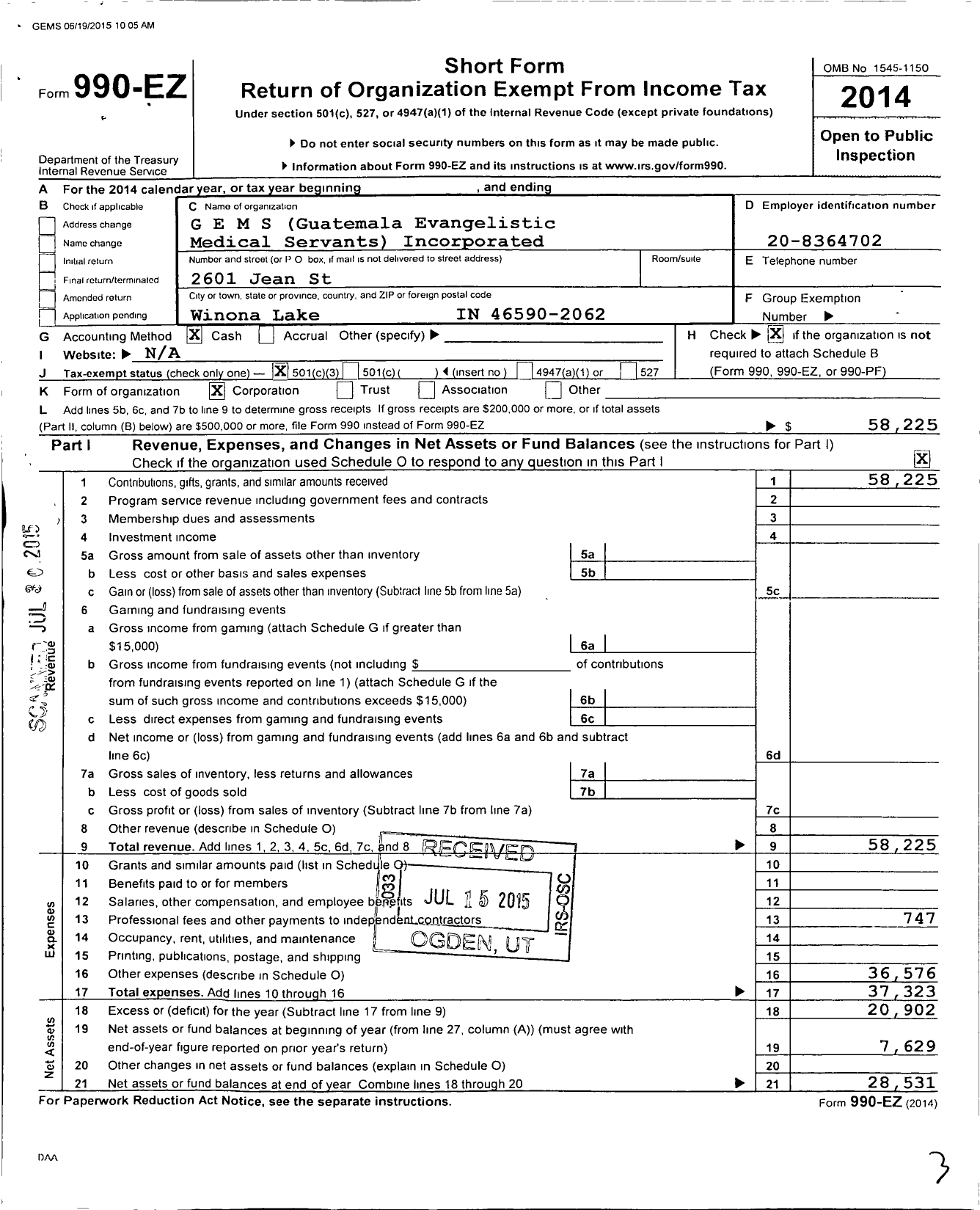 Image of first page of 2014 Form 990EZ for Gems Guatemala Evangelistic Medical Servants