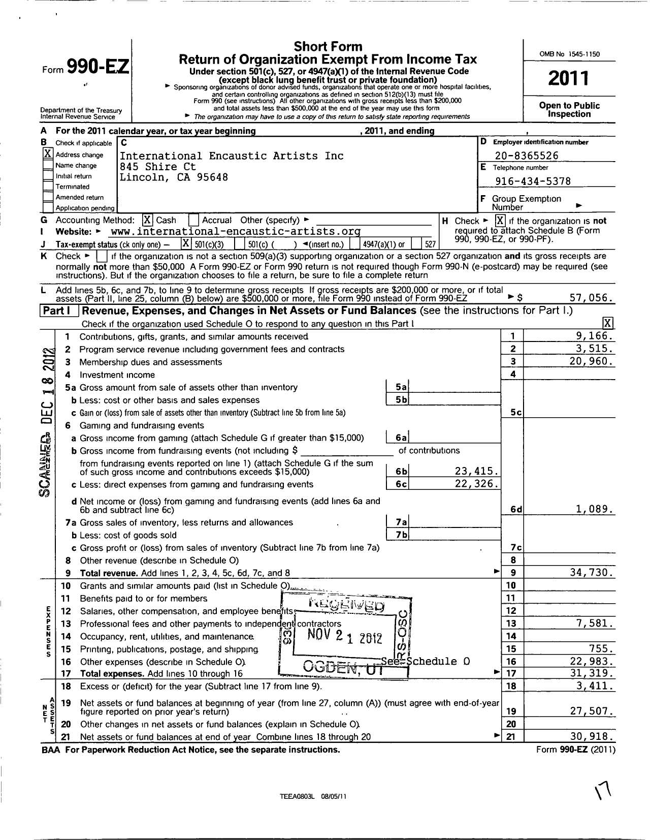 Image of first page of 2011 Form 990EZ for International Encaustic Artists