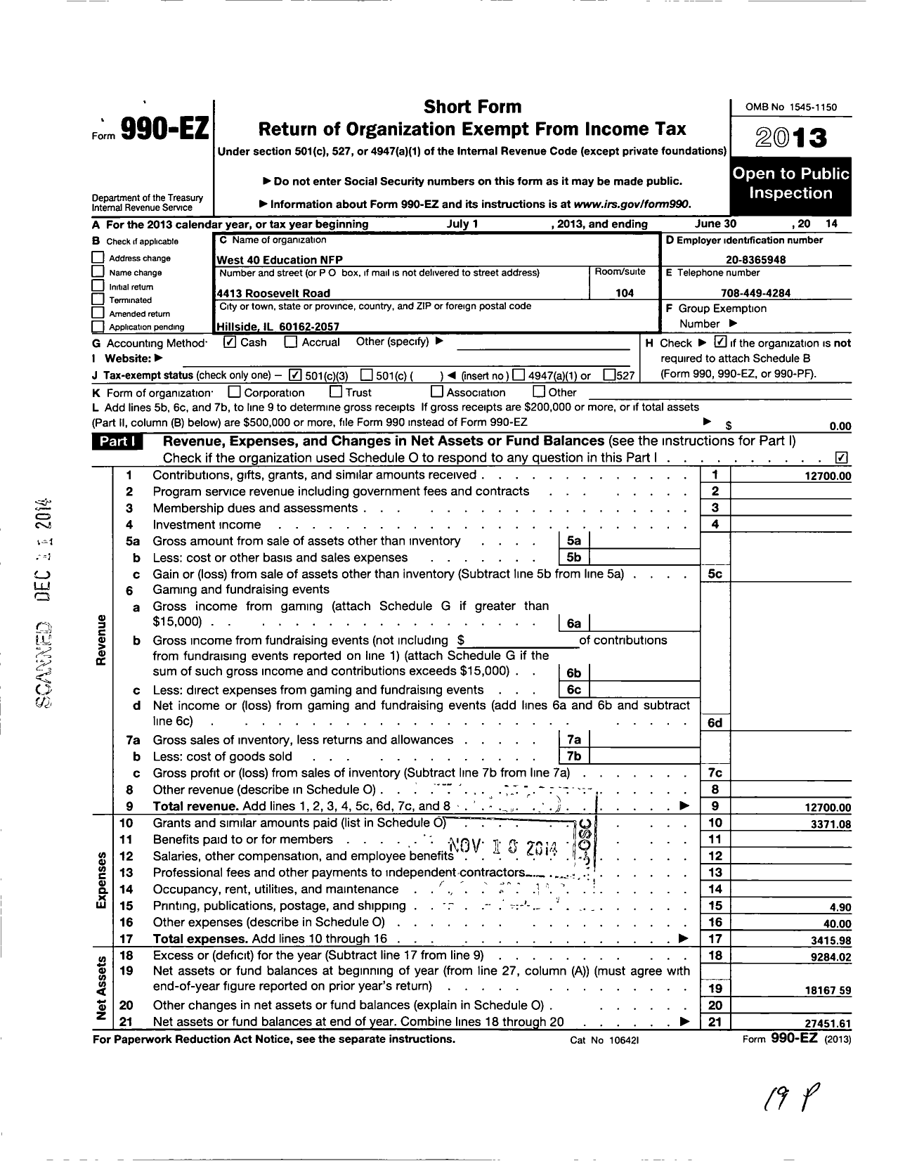 Image of first page of 2013 Form 990EZ for West 40 Education NFP