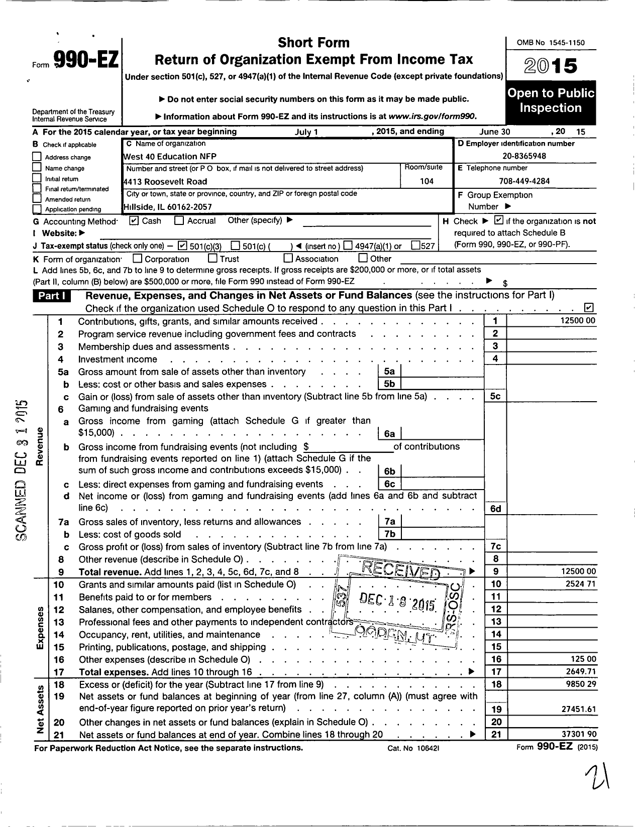 Image of first page of 2014 Form 990EZ for West 40 Education NFP