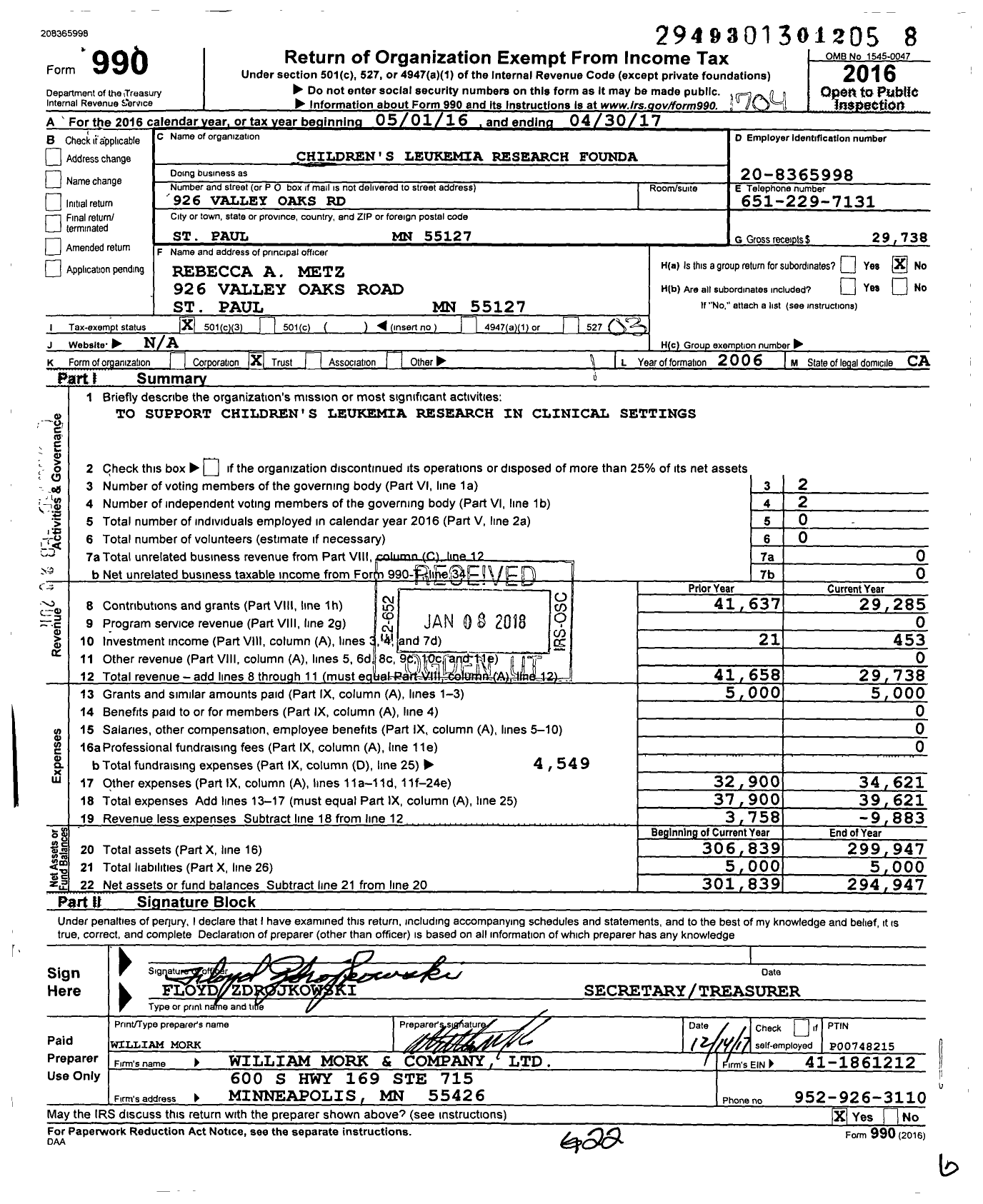 Image of first page of 2016 Form 990 for Children's Leukemia Research Foundation