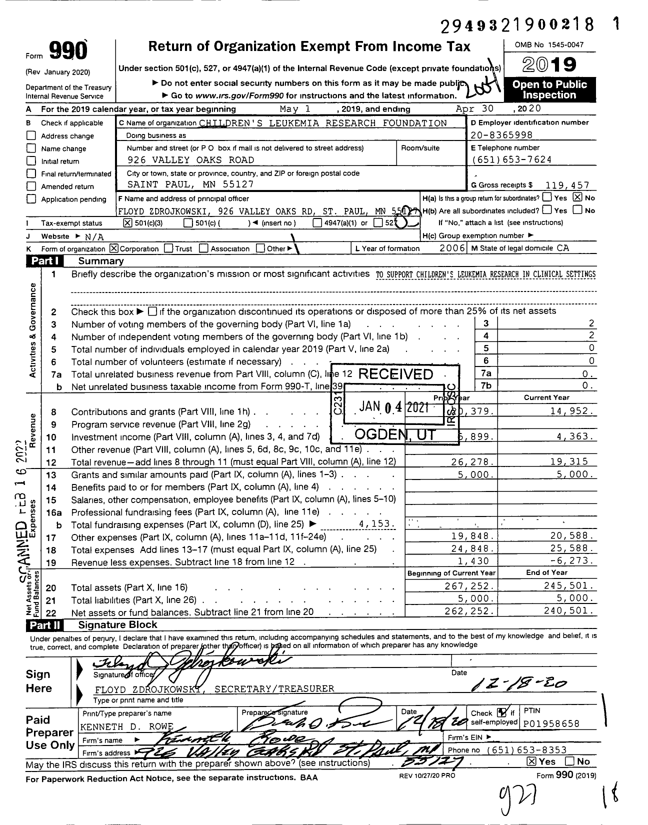 Image of first page of 2019 Form 990 for Children's Leukemia Research Foundation