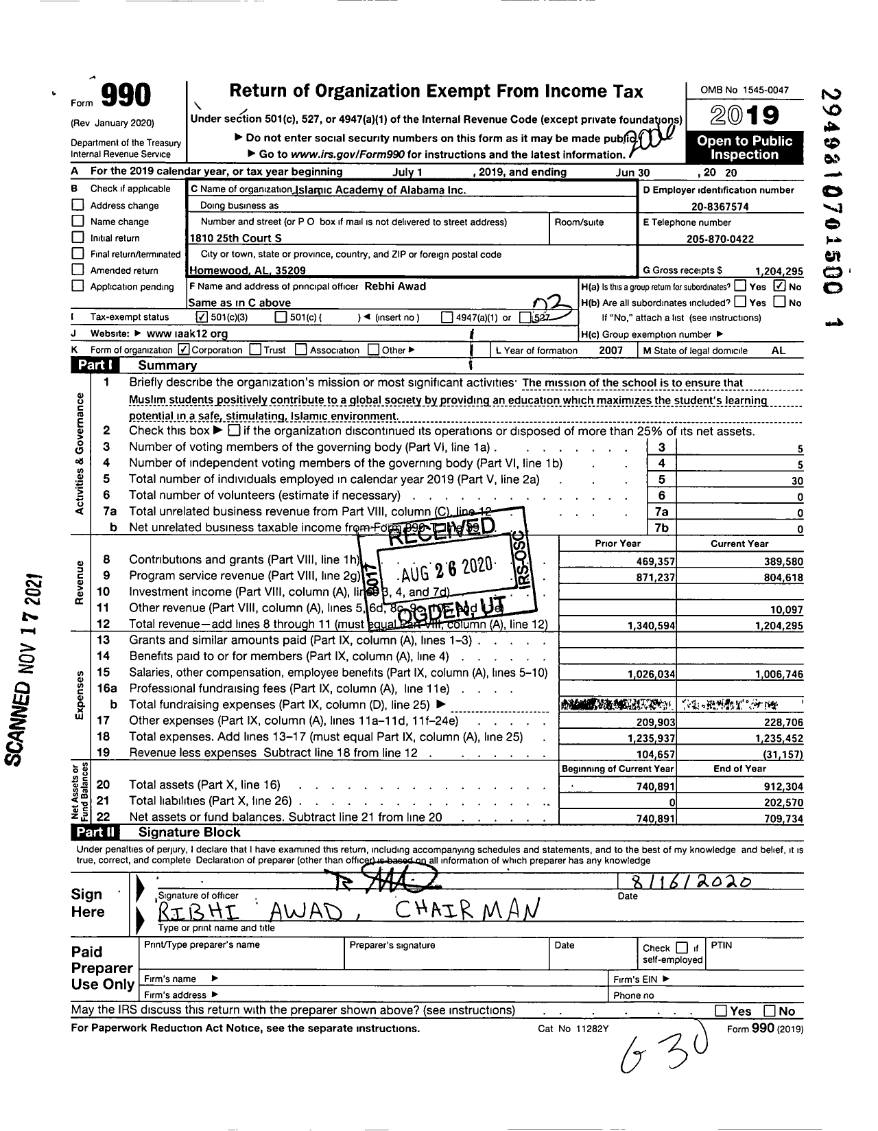 Image of first page of 2019 Form 990 for Islamic Academy of Alabama