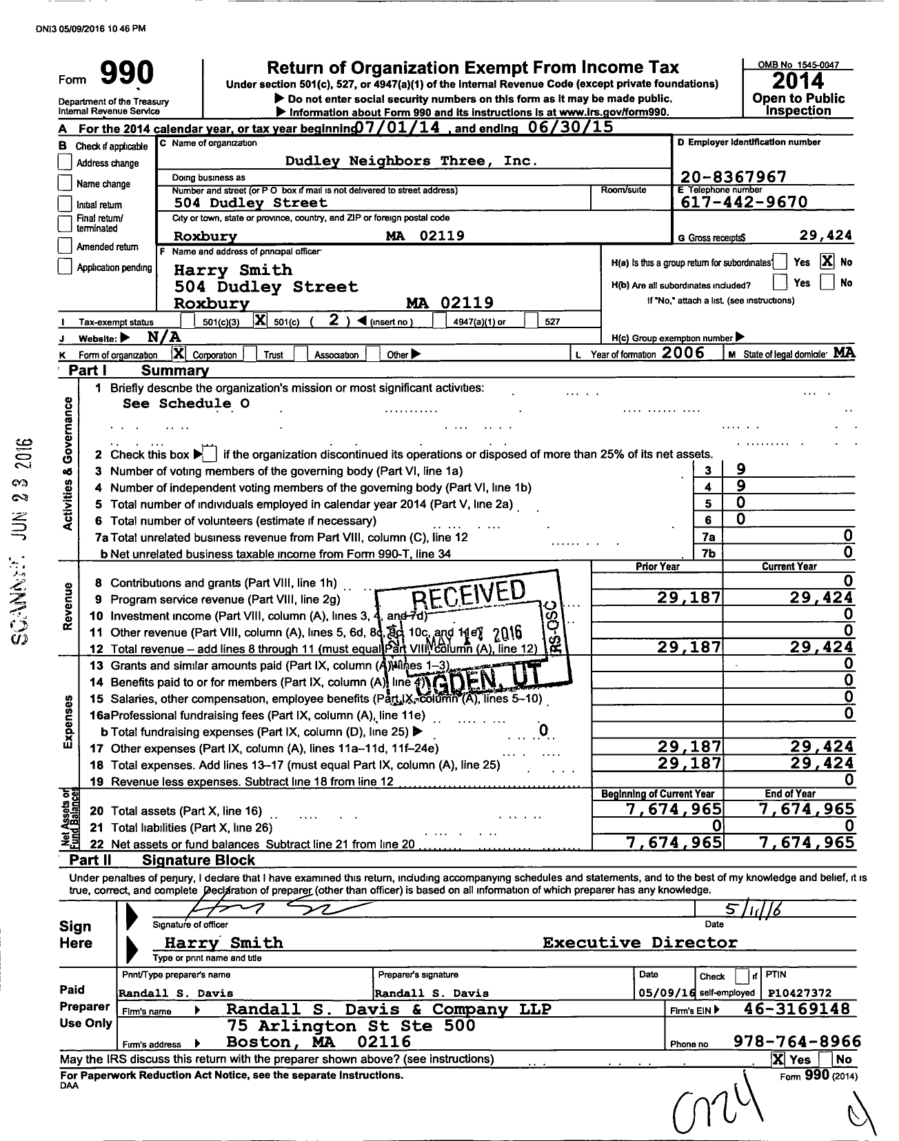 Image of first page of 2014 Form 990O for Dudley Neighbors Three