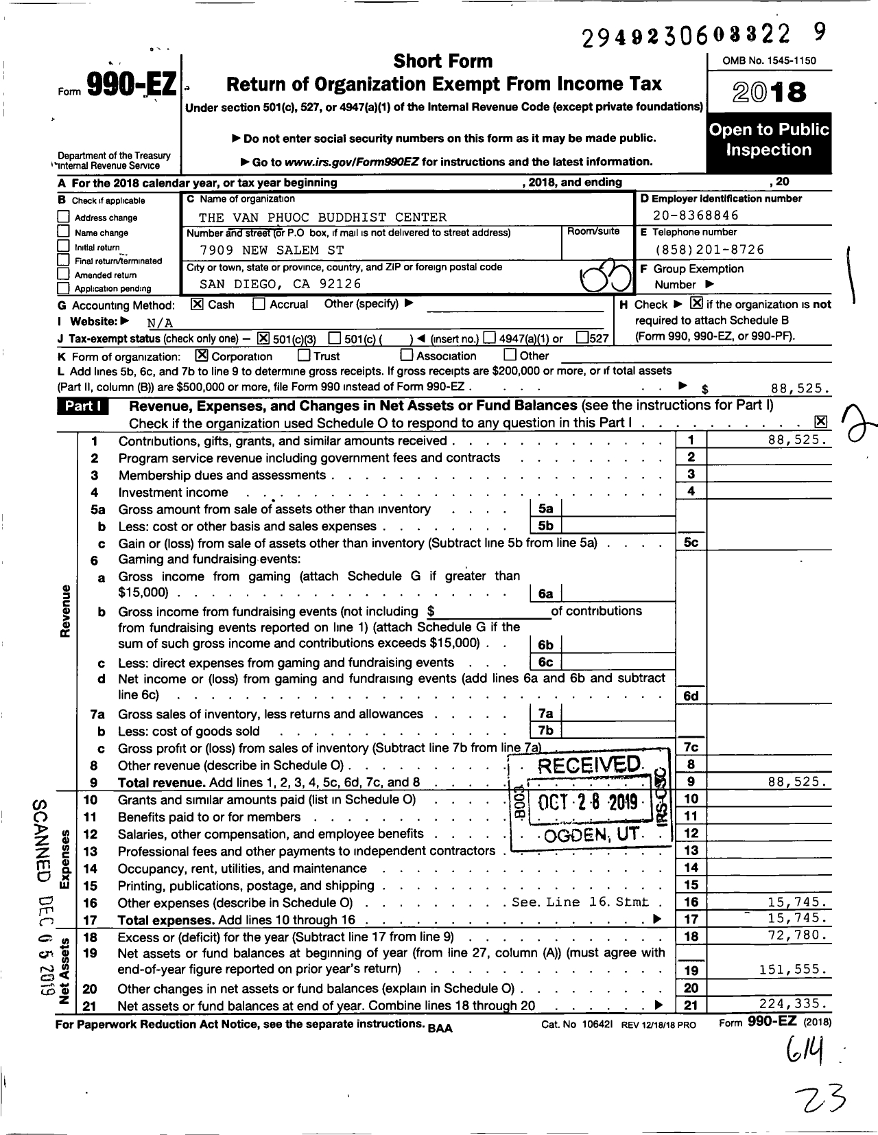 Image of first page of 2018 Form 990EZ for The Van Phuoc Buddhist Center