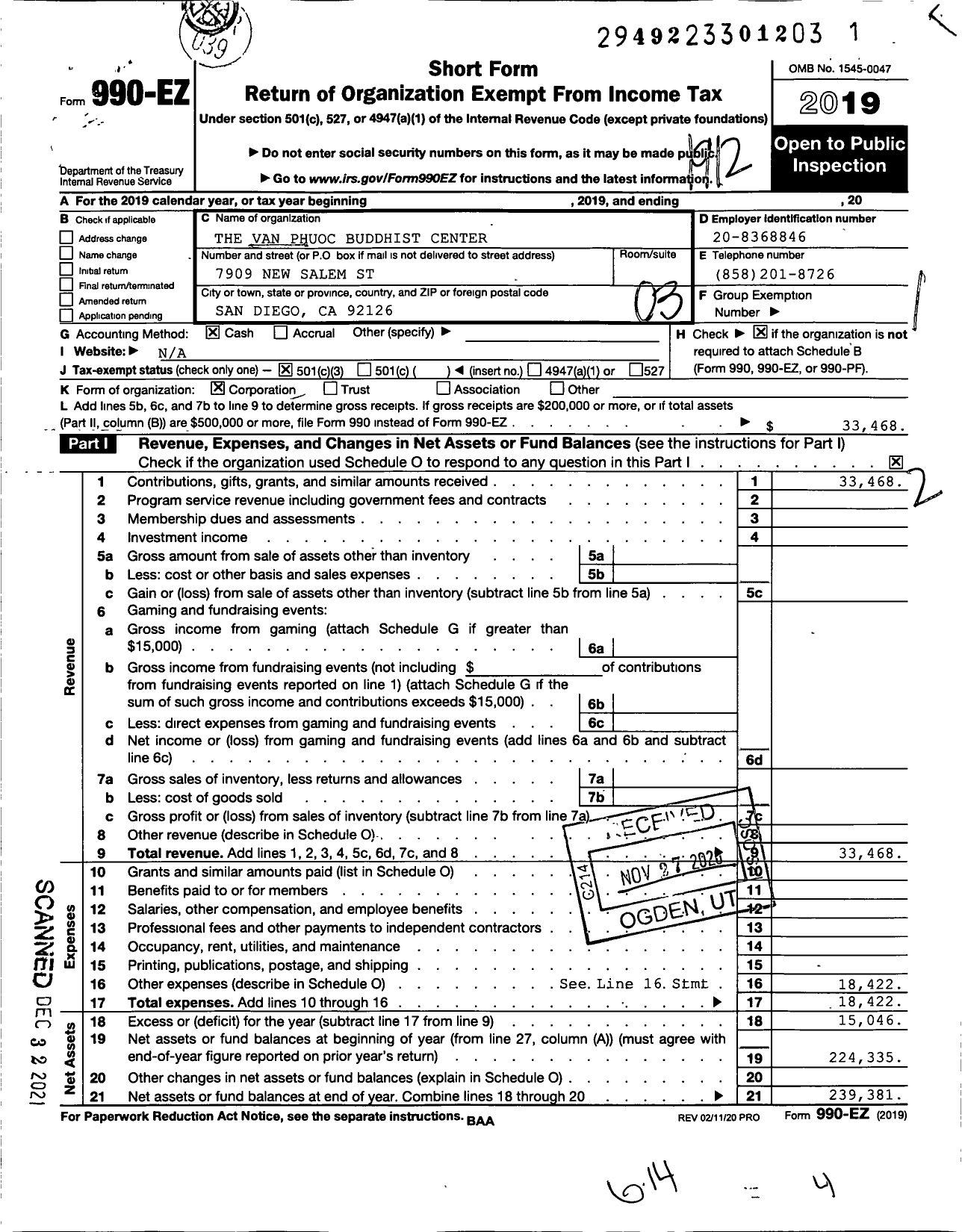 Image of first page of 2019 Form 990EZ for The Van Phuoc Buddhist Center