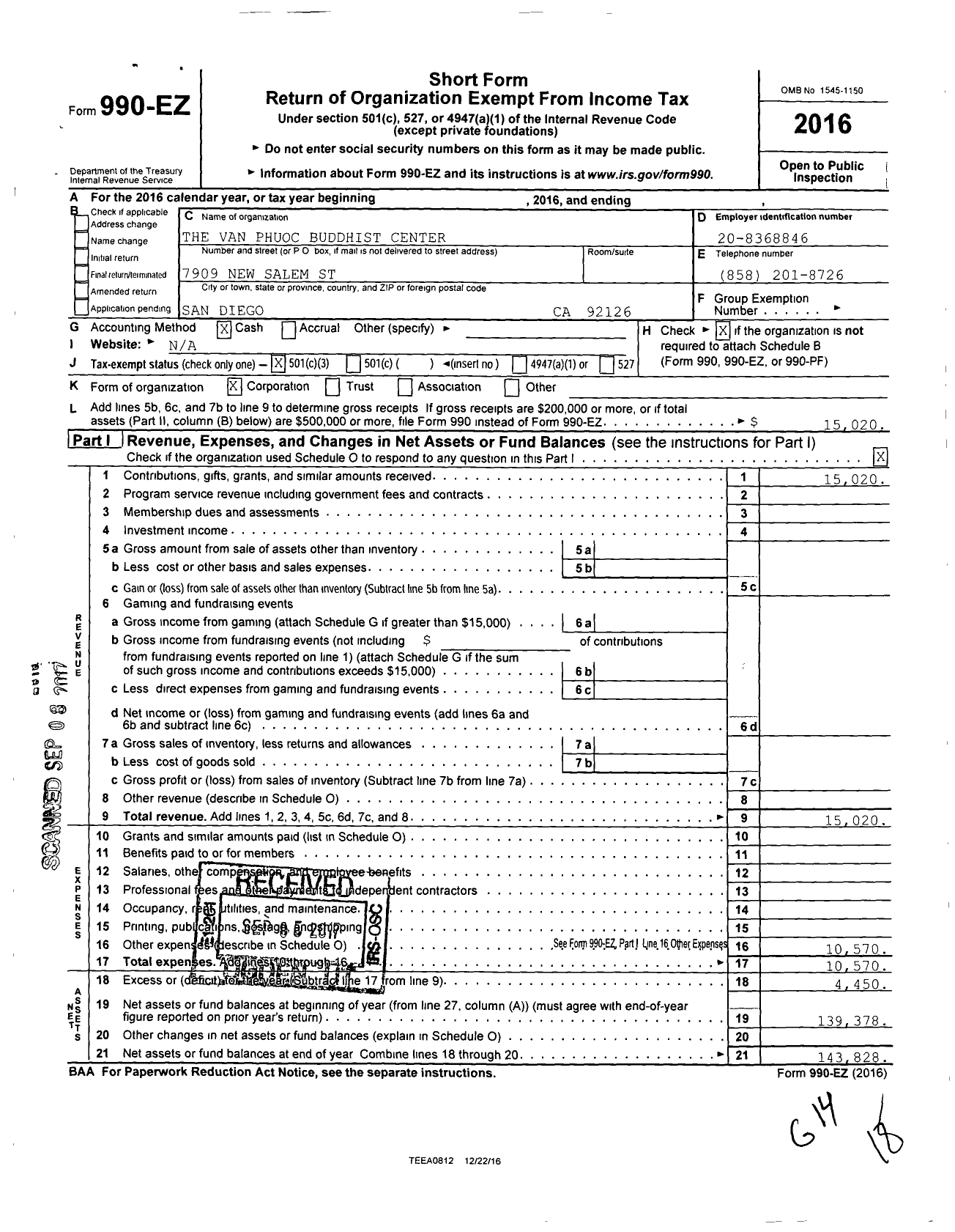 Image of first page of 2016 Form 990EZ for The Van Phuoc Buddhist Center