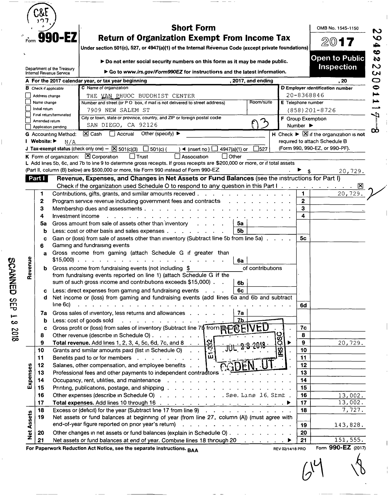 Image of first page of 2017 Form 990EZ for The Van Phuoc Buddhist Center