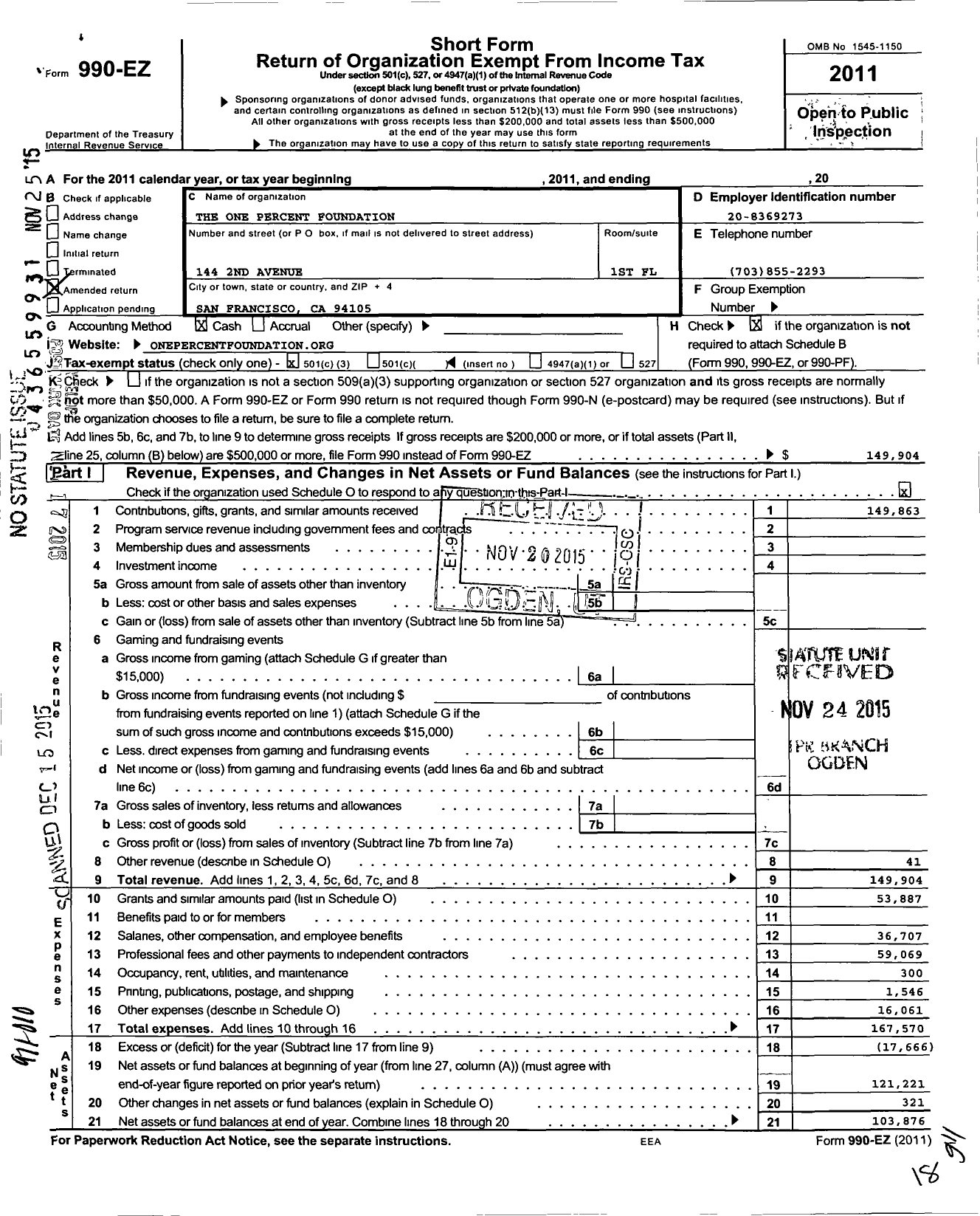 Image of first page of 2011 Form 990EZ for The One Percent Foundation