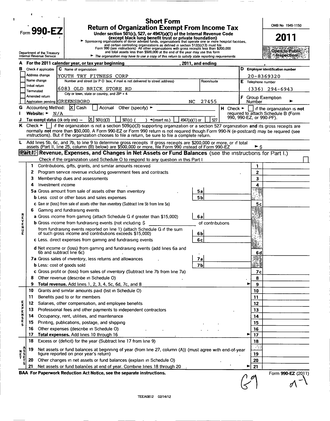 Image of first page of 2011 Form 990EZ for Youth Try Fitness Corporation