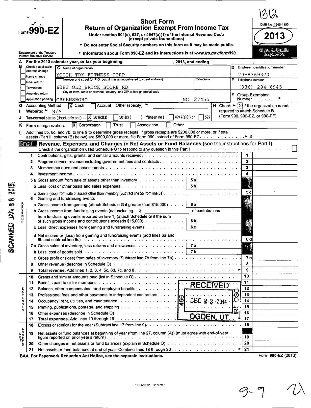 Image of first page of 2013 Form 990EZ for Youth Try Fitness Corporation