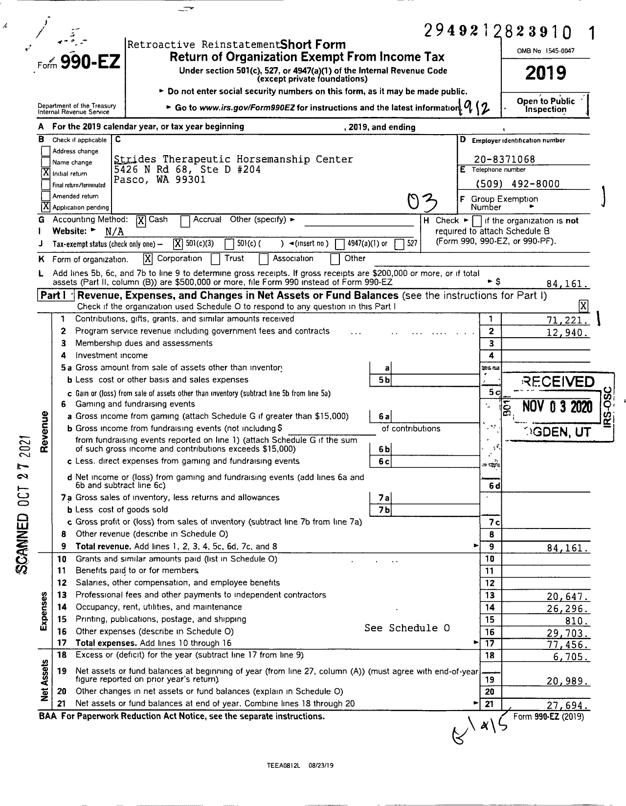 Image of first page of 2019 Form 990EZ for Strides Therapeutic Horsemanship Center