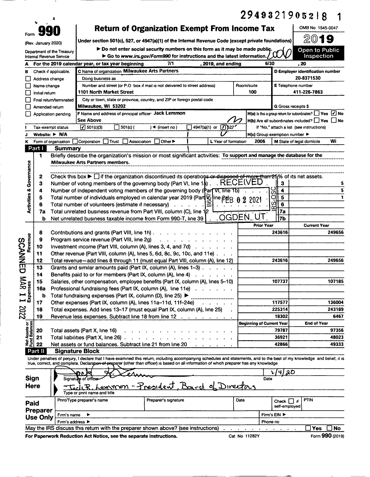 Image of first page of 2019 Form 990 for Milwaukee Arts Partners Corporation