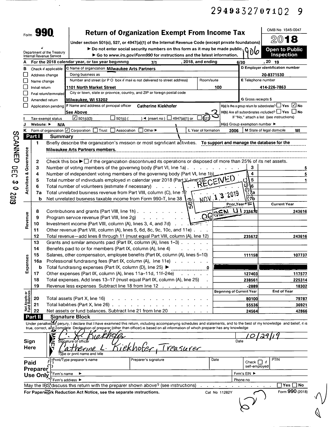 Image of first page of 2018 Form 990 for Milwaukee Arts Partners Corporation
