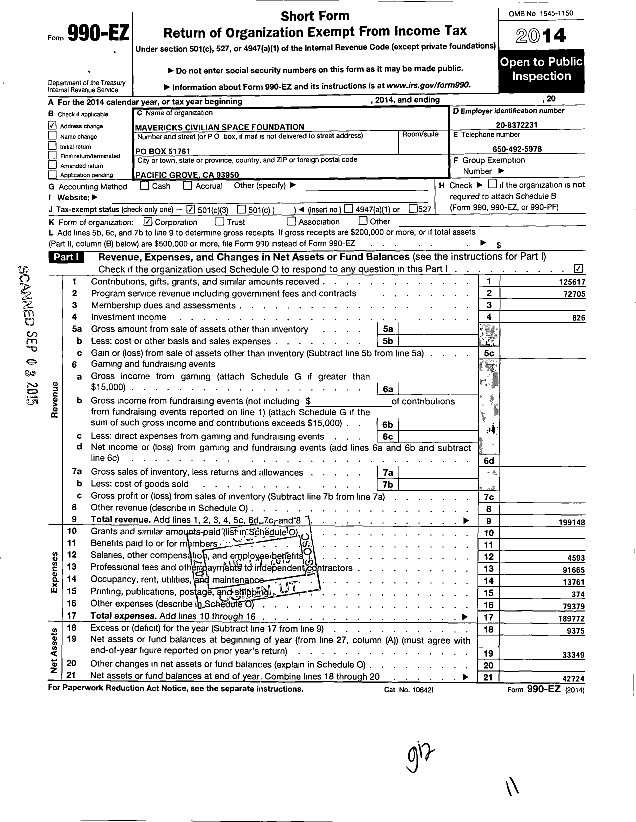 Image of first page of 2014 Form 990EZ for Mavericks Civilian Space Foundation