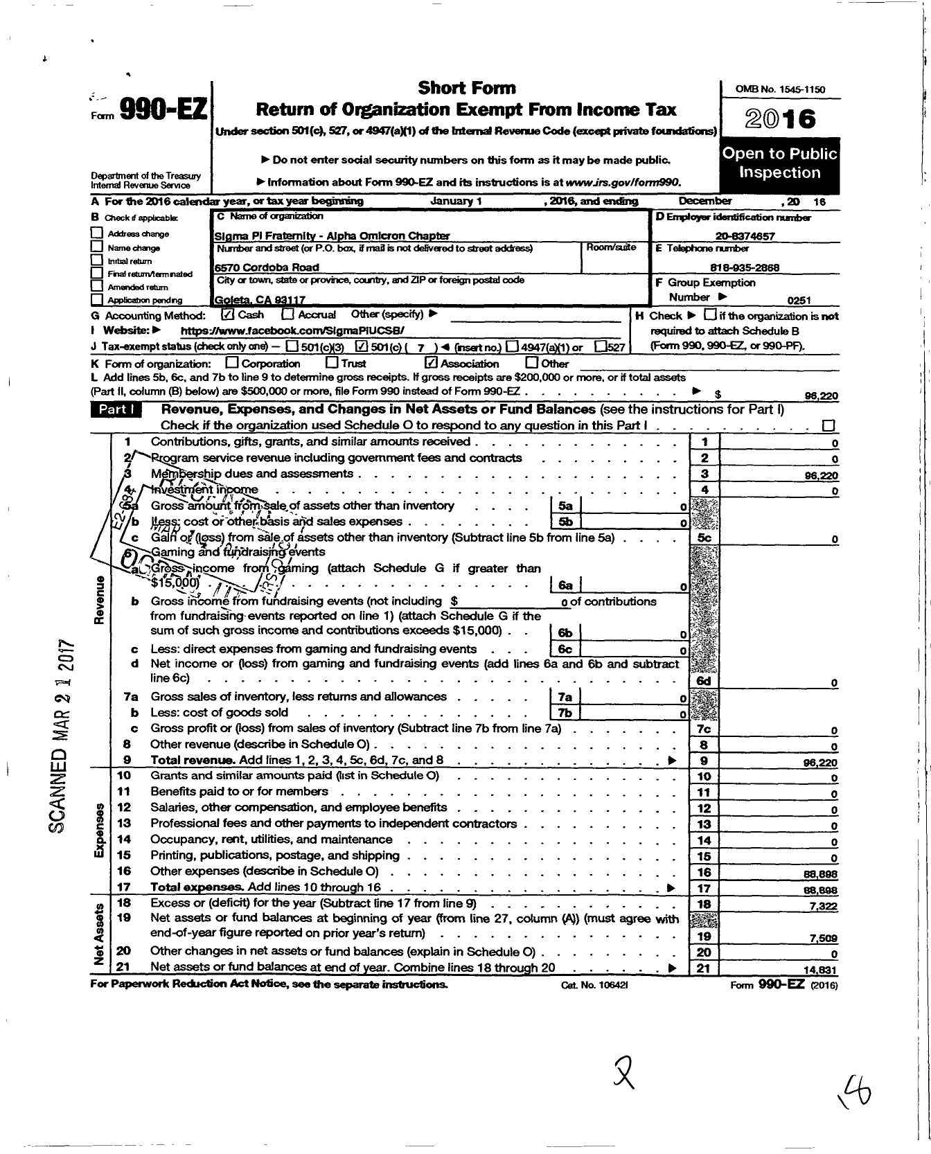 Image of first page of 2016 Form 990EO for SIGMA PI FRATERNITY Alpha-Omicron Chapter